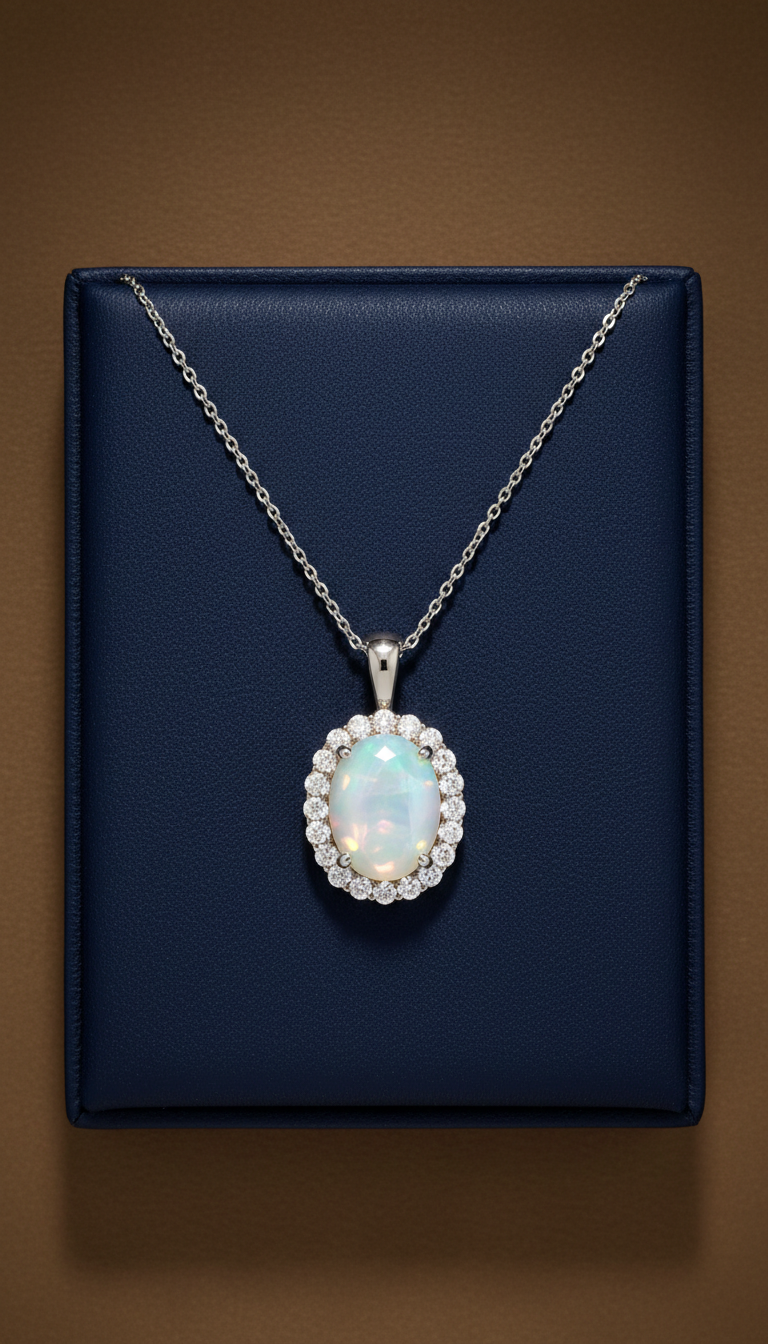 Pendant necklace with opaline halo cubic zirconia