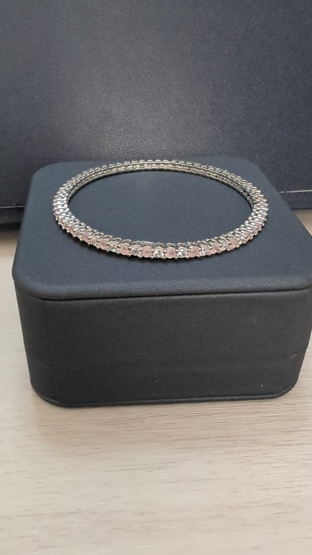 Alexandria Delicate- Pink Topaz Bangle Exceptional Quality CZ Clear Stones. White Gold plating. Opulent Design
