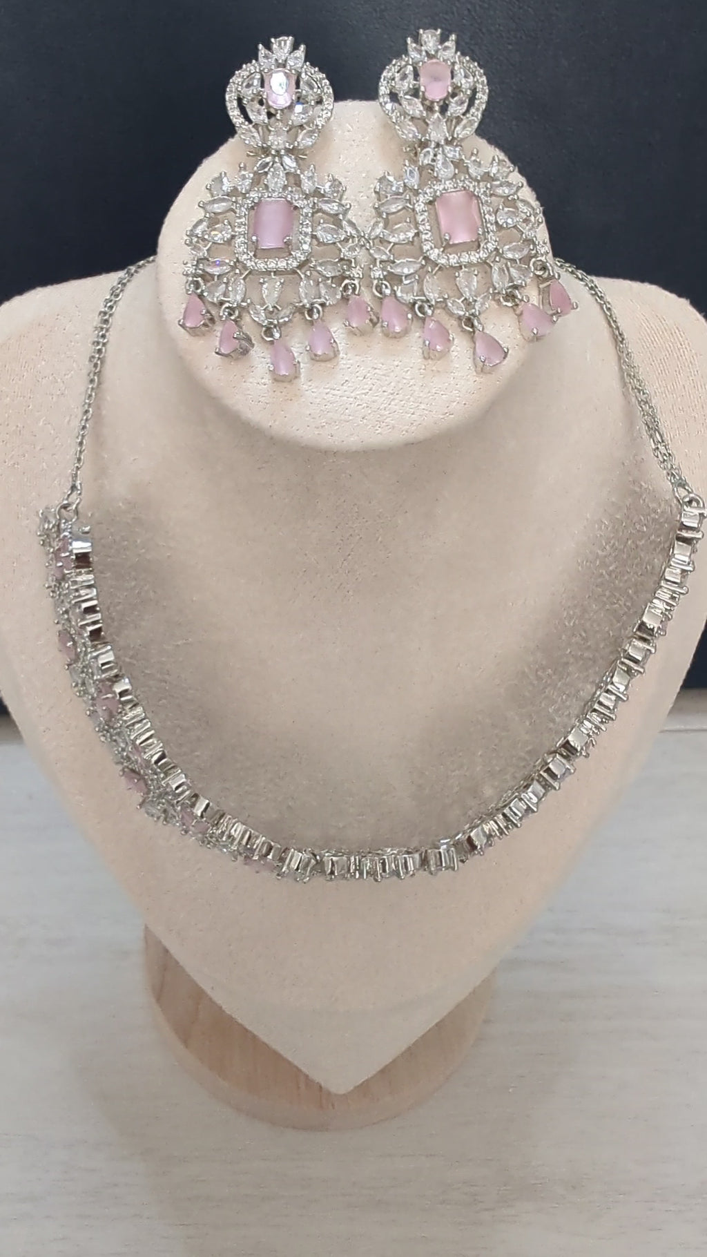 Alexandria - Pink Topaz Necklace & Earring Choker Set Exceptional Quality CZ Clear Stones. White Gold plating. Opulent Design
