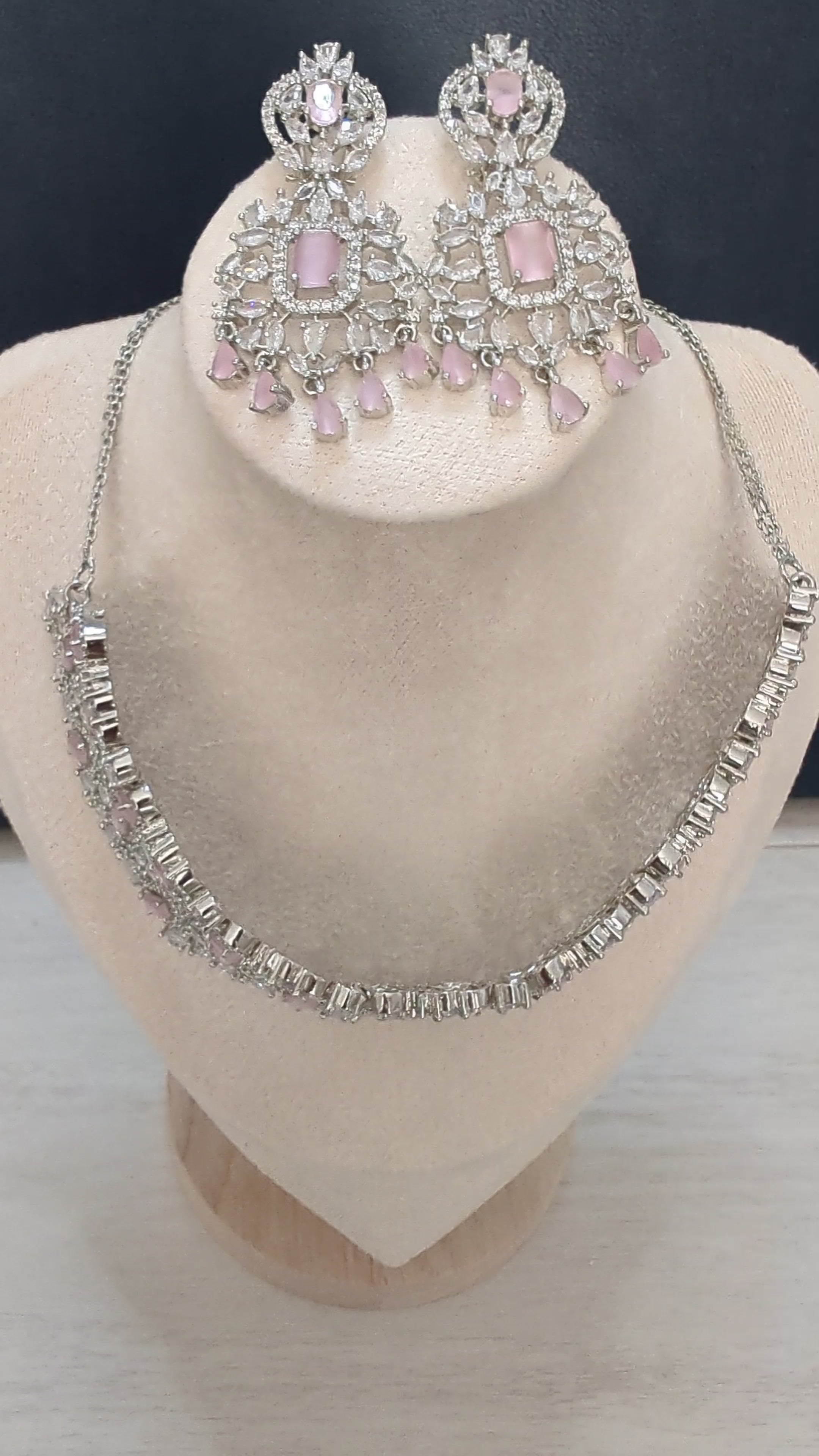Alexandria - Pink Topaz Necklace & Earring Choker Set Exceptional Quality CZ Clear Stones. White Gold plating. Opulent Design