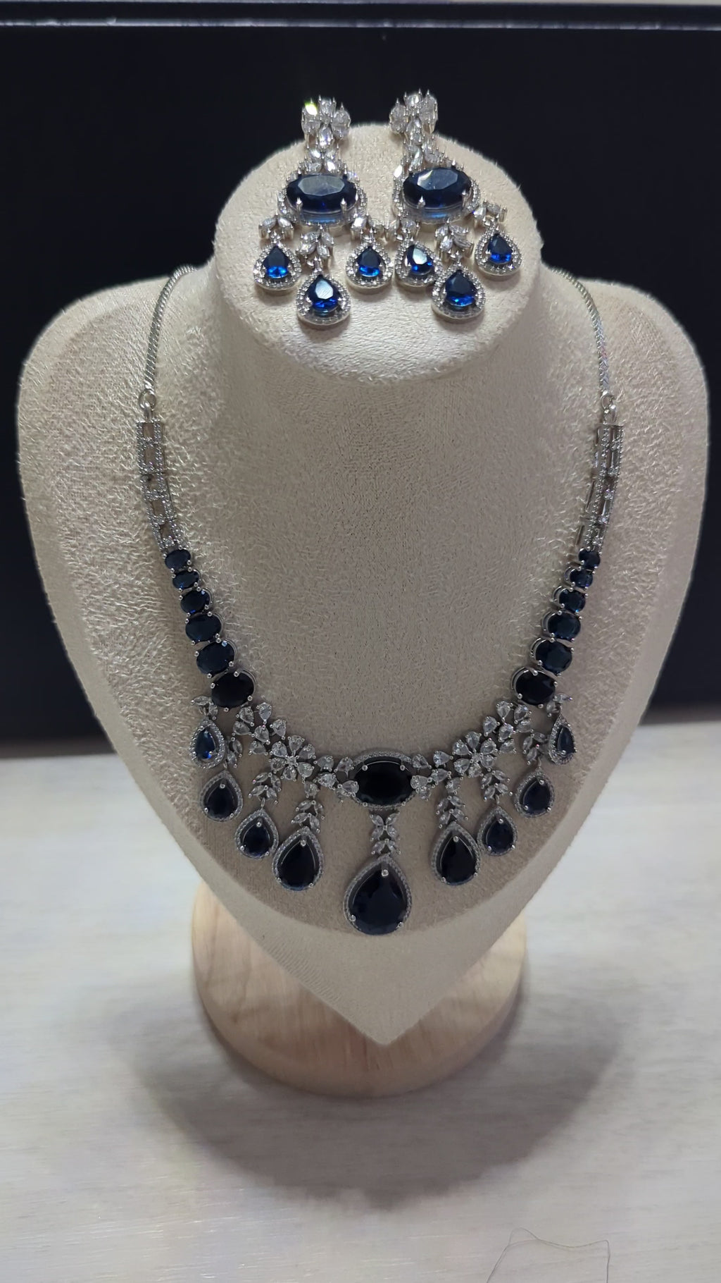 Arabella Necklace Earring Set – Exceptional Quality Blue CZ Sapphires, Clear Stones, White Gold Plating