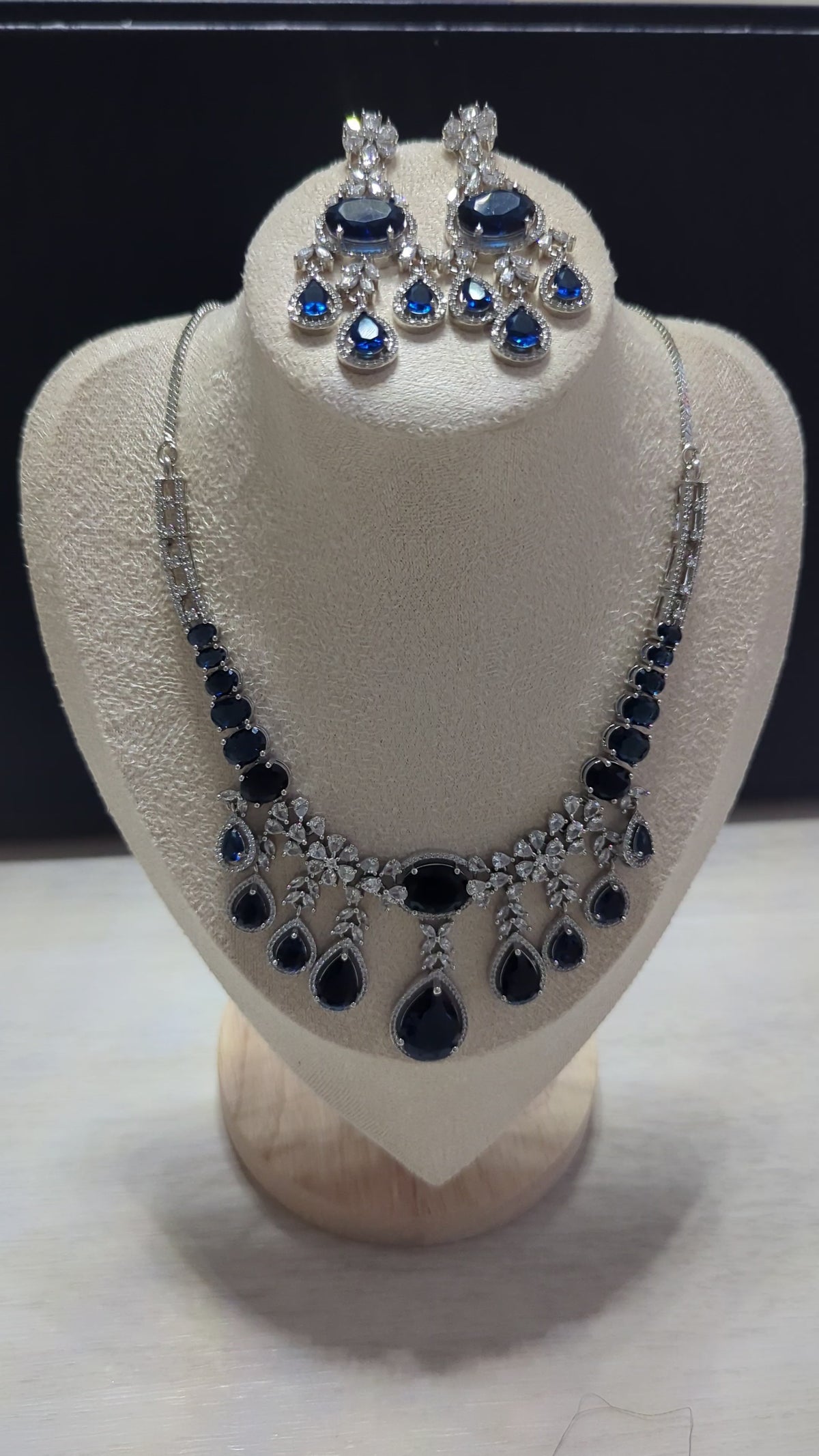 Arabella Necklace Earring Set – Exceptional Quality Blue CZ Sapphires, Clear Stones, White Gold Plating