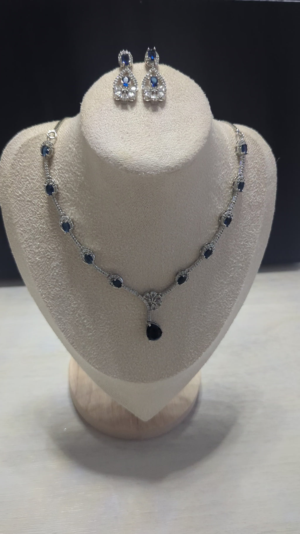 Charlotte Sapphire Exceptional Quality CZ Necklace Earrings Set – White Gold Plating Flower Design