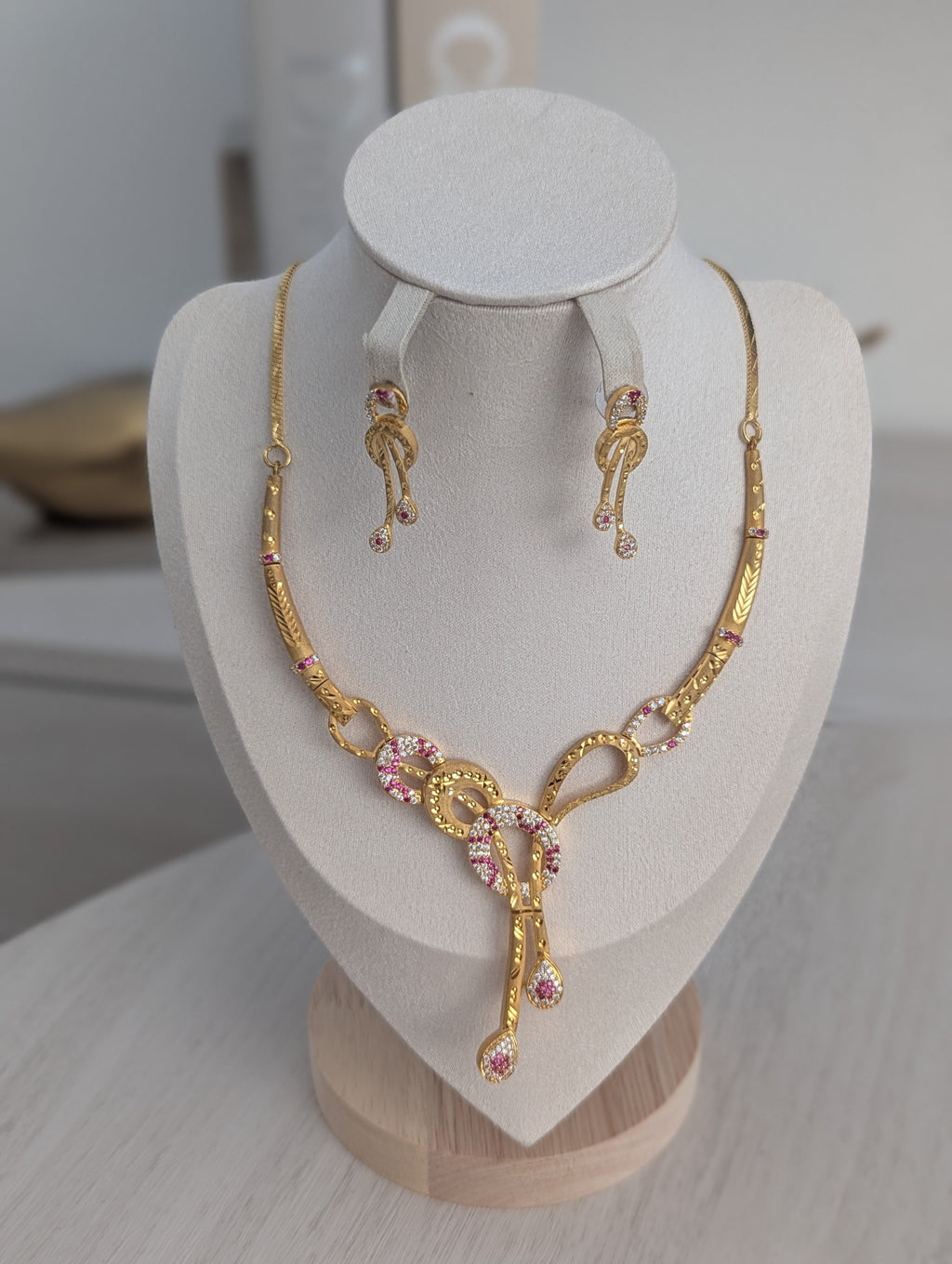 Aurora 22ct Gold Plated Necklace Earrings Set – Exceptional Quality Pink and Clear CZ Stones Opulent Design