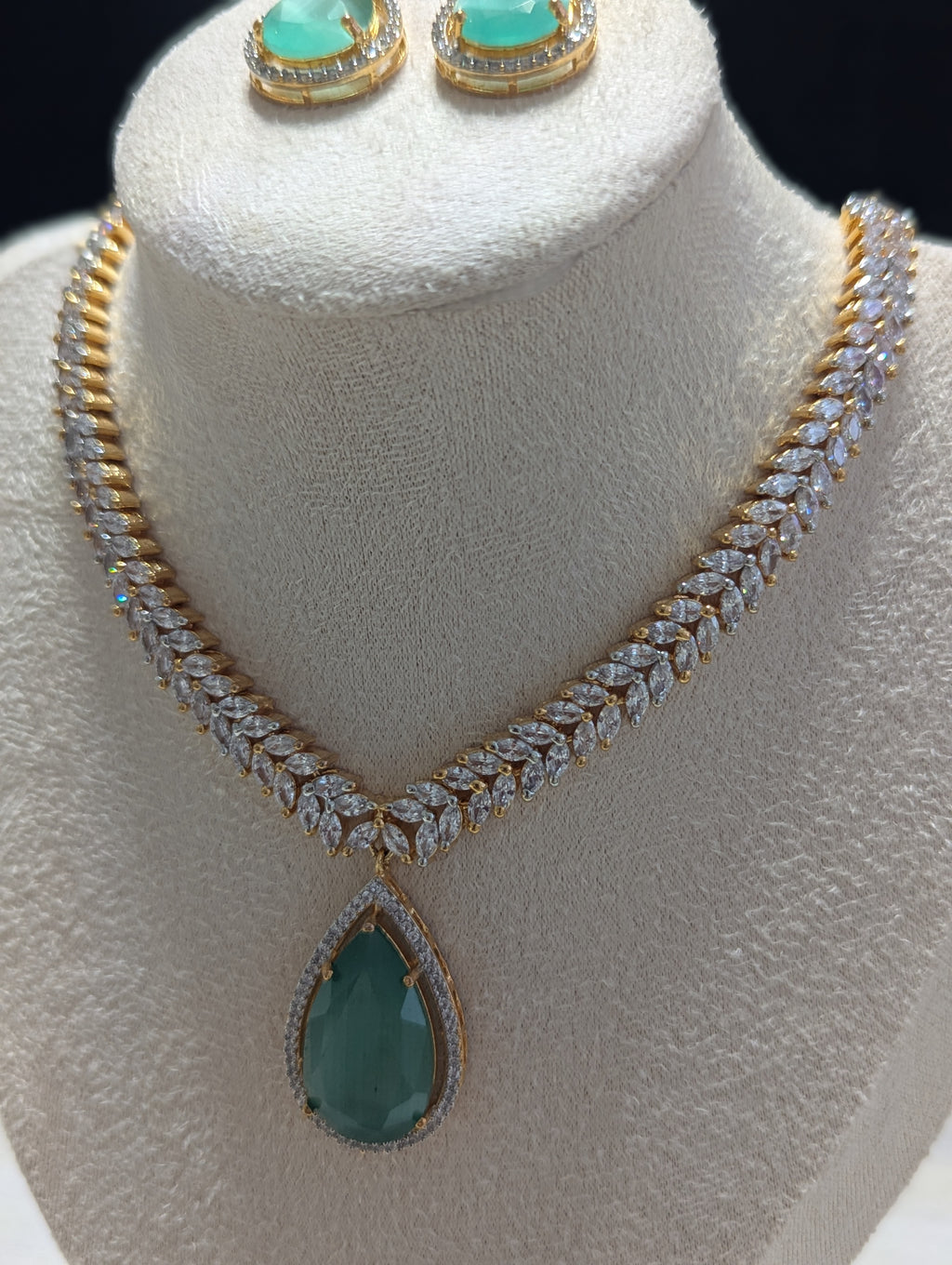 Giselle Necklace Earring Set – Exceptional Quality Mint Green Clear Cubic Zirconia 22ct Gold Plating Flower Design
