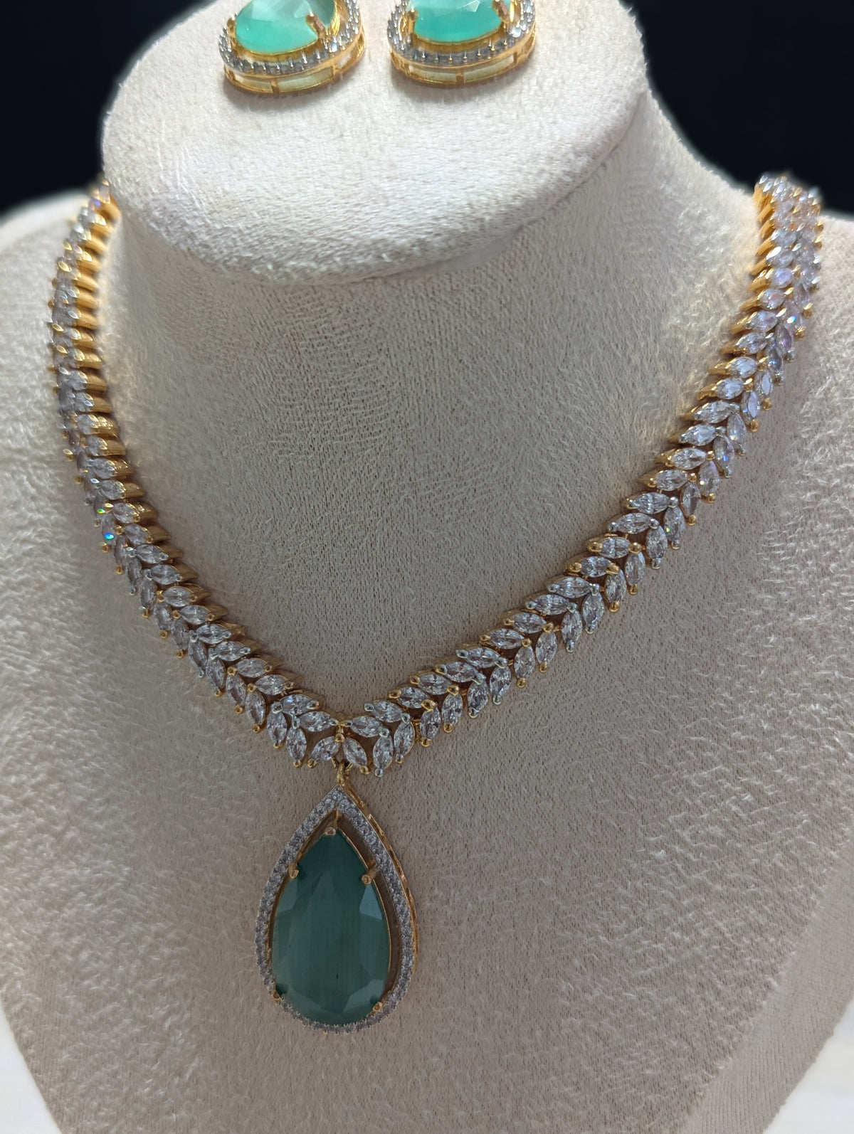 Giselle Necklace Earring Set – Exceptional Quality Mint Green Clear Cubic Zirconia 22ct Gold Plating Flower Design
