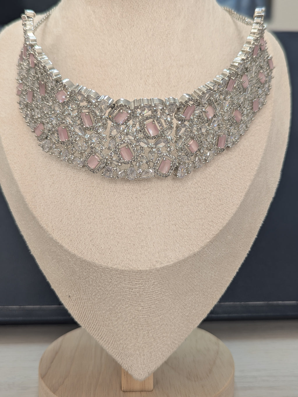 Alexandria - Pink Topaz Necklace & Earring Choker Set Exceptional Quality CZ Clear Stones. White Gold plating. Opulent Design