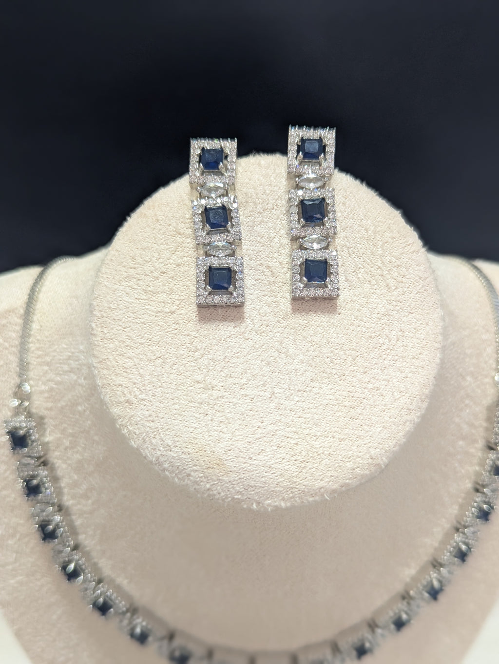 Isabella Sapphire Necklace Earring Set – Exceptional Quality CZ Stones, White Gold Plating, Opulent Design