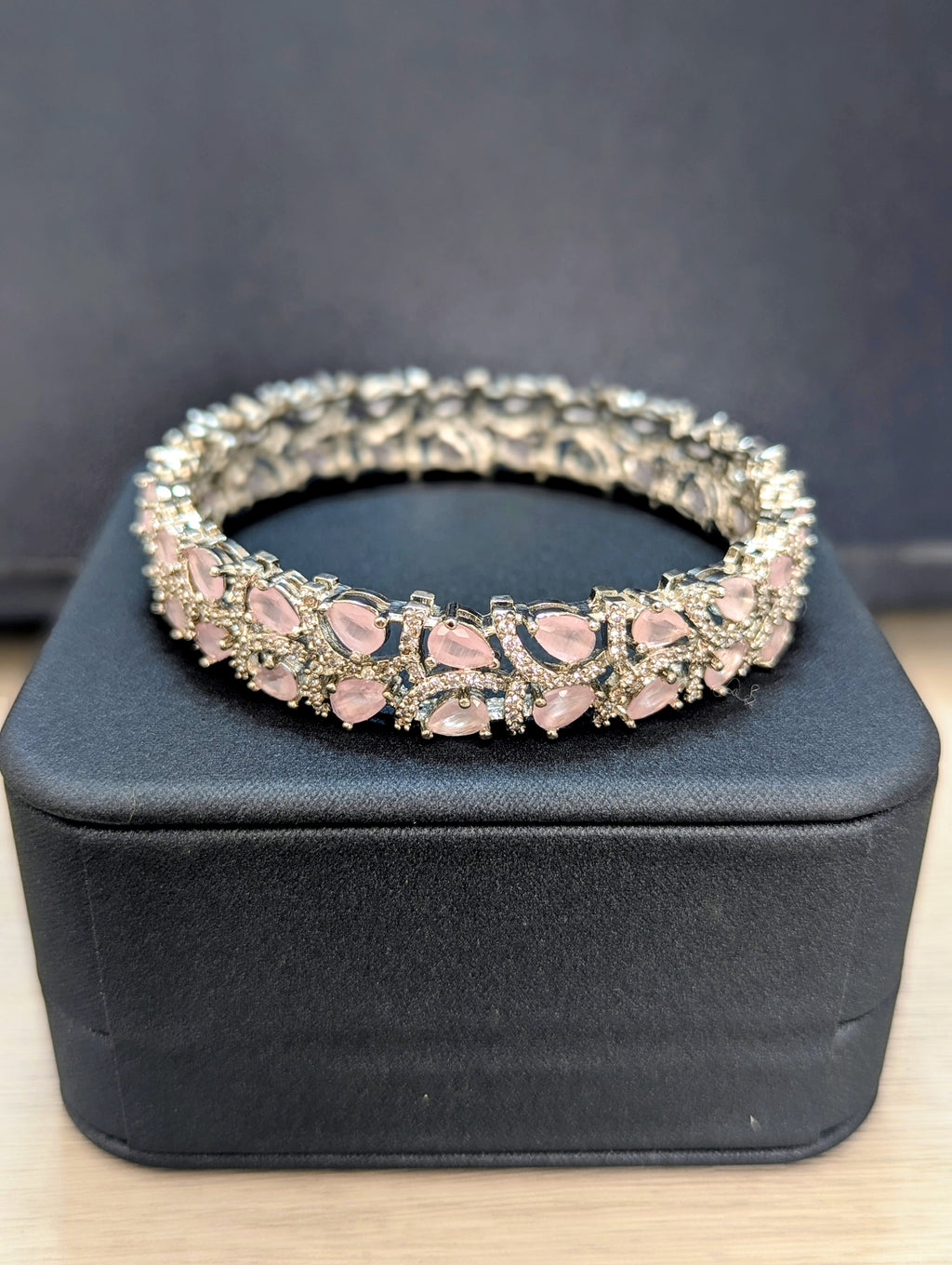 Alexandria Vibrant- Pink Topaz Bangle Exceptional Quality CZ Clear Stones. White Gold plating. Opulent Design