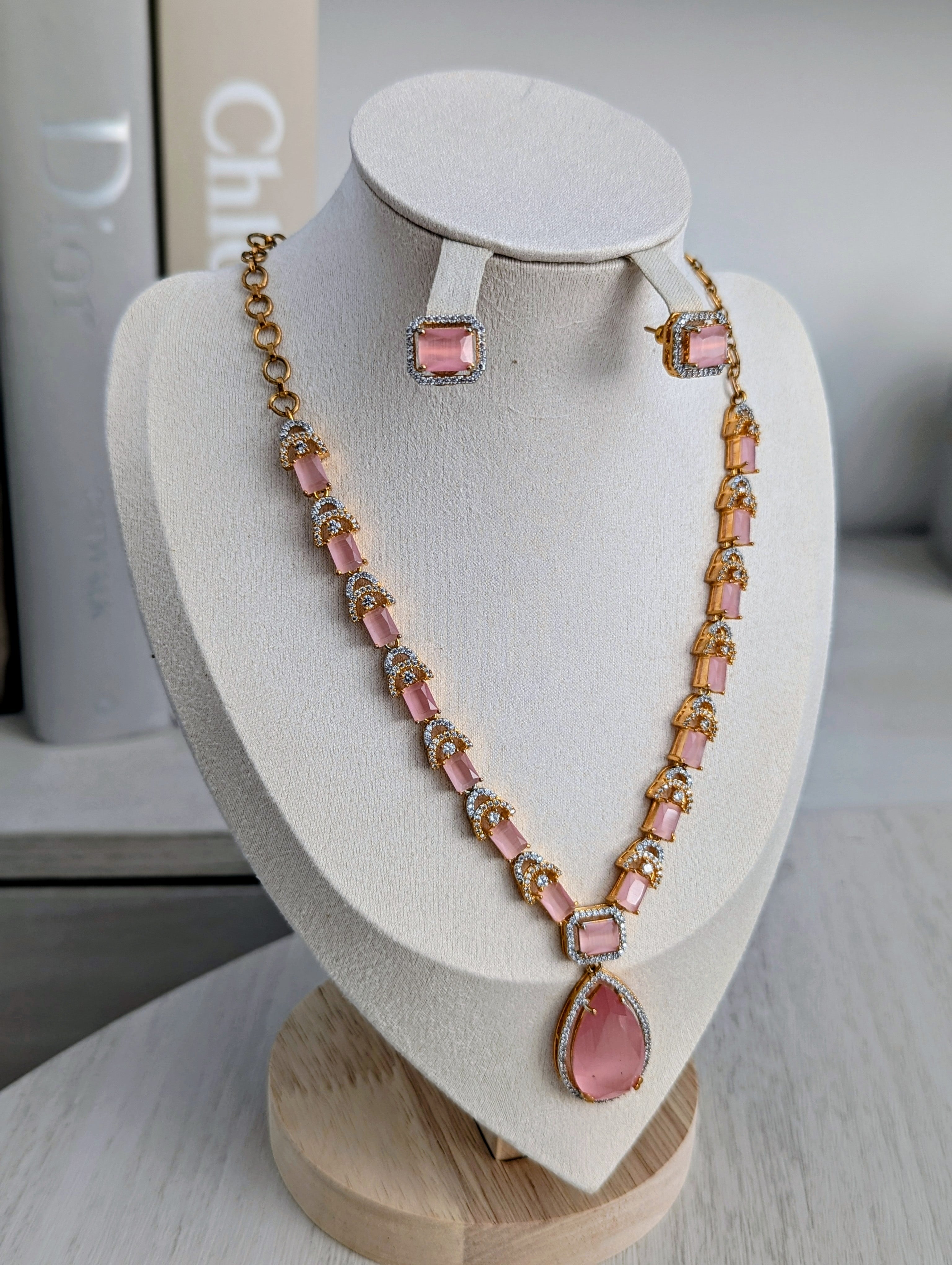 Clarissa 22ct Gold Plated Exceptional Quality Pink CZ Flower Necklace Earrings Set – Opulent Design