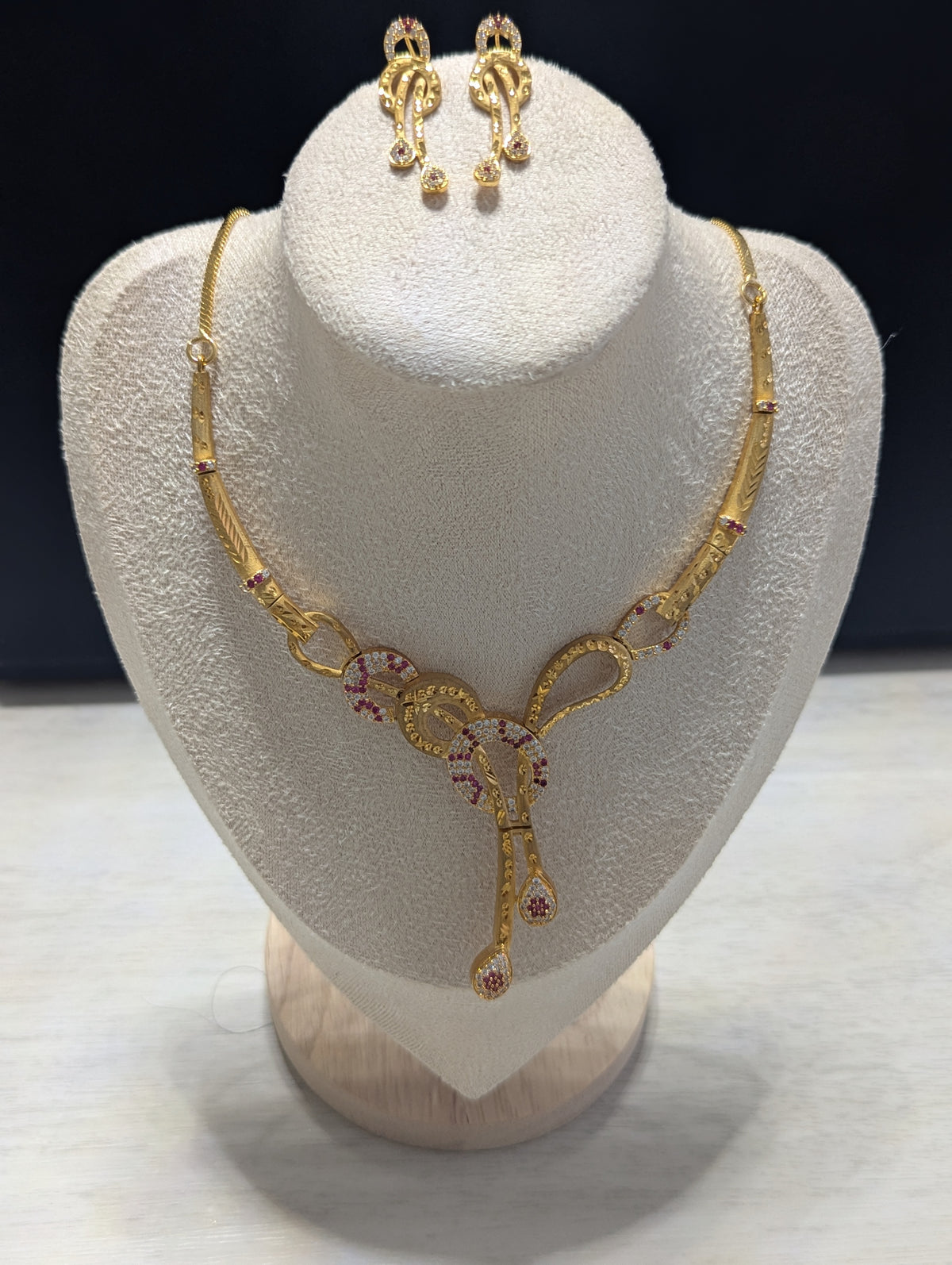 Aurora 22ct Gold Plated Necklace Earrings Set – Exceptional Quality Pink and Clear CZ Stones Opulent Design