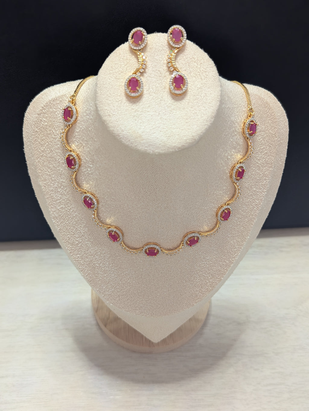 Eloise Pink Topaz CZ Flower Necklace Earrings Set – Exceptional Quality 22ct Gold Plated Jewelry