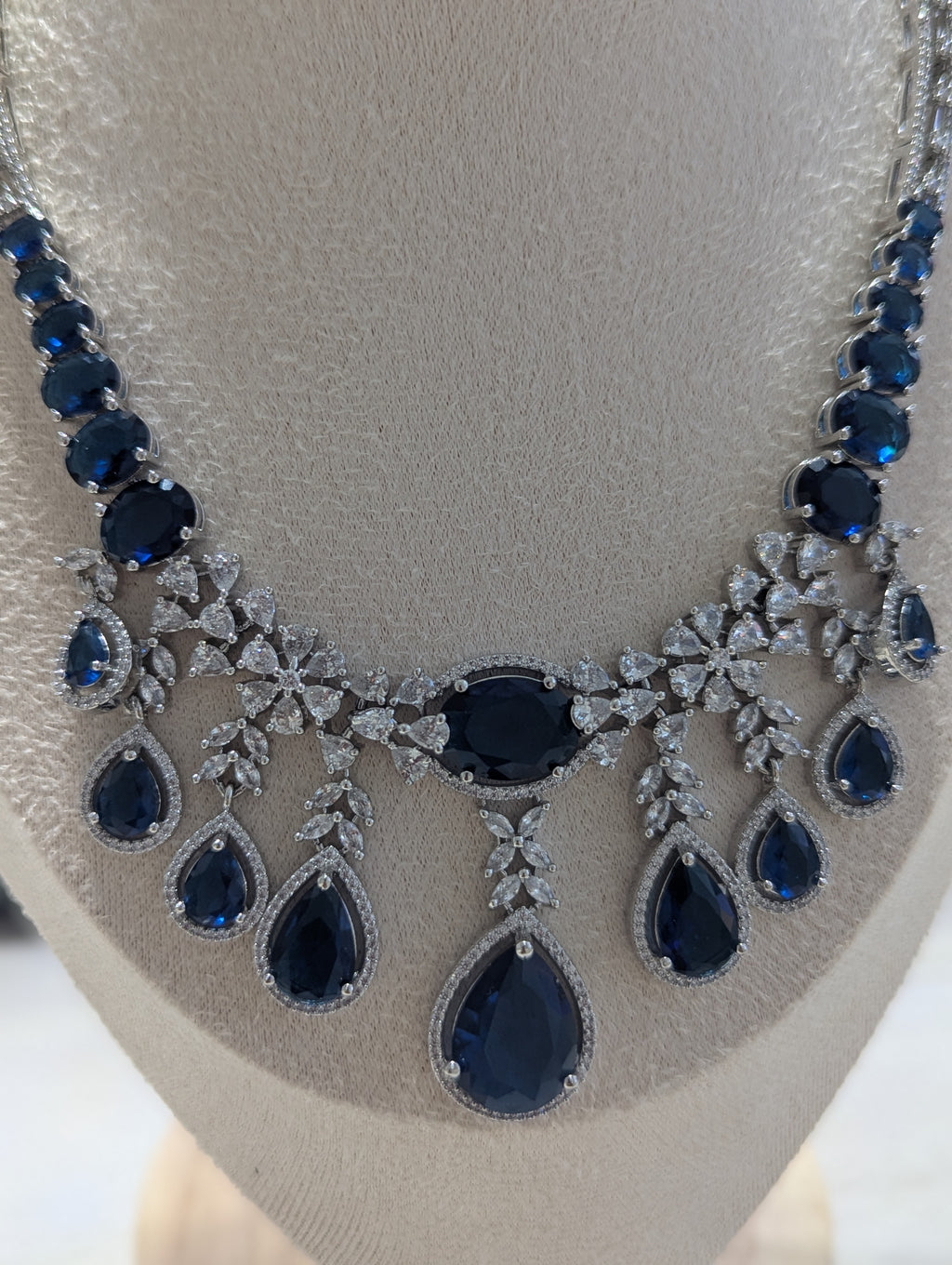 Arabella Necklace Earring Set – Exceptional Quality Blue CZ Sapphires, Clear Stones, White Gold Plating