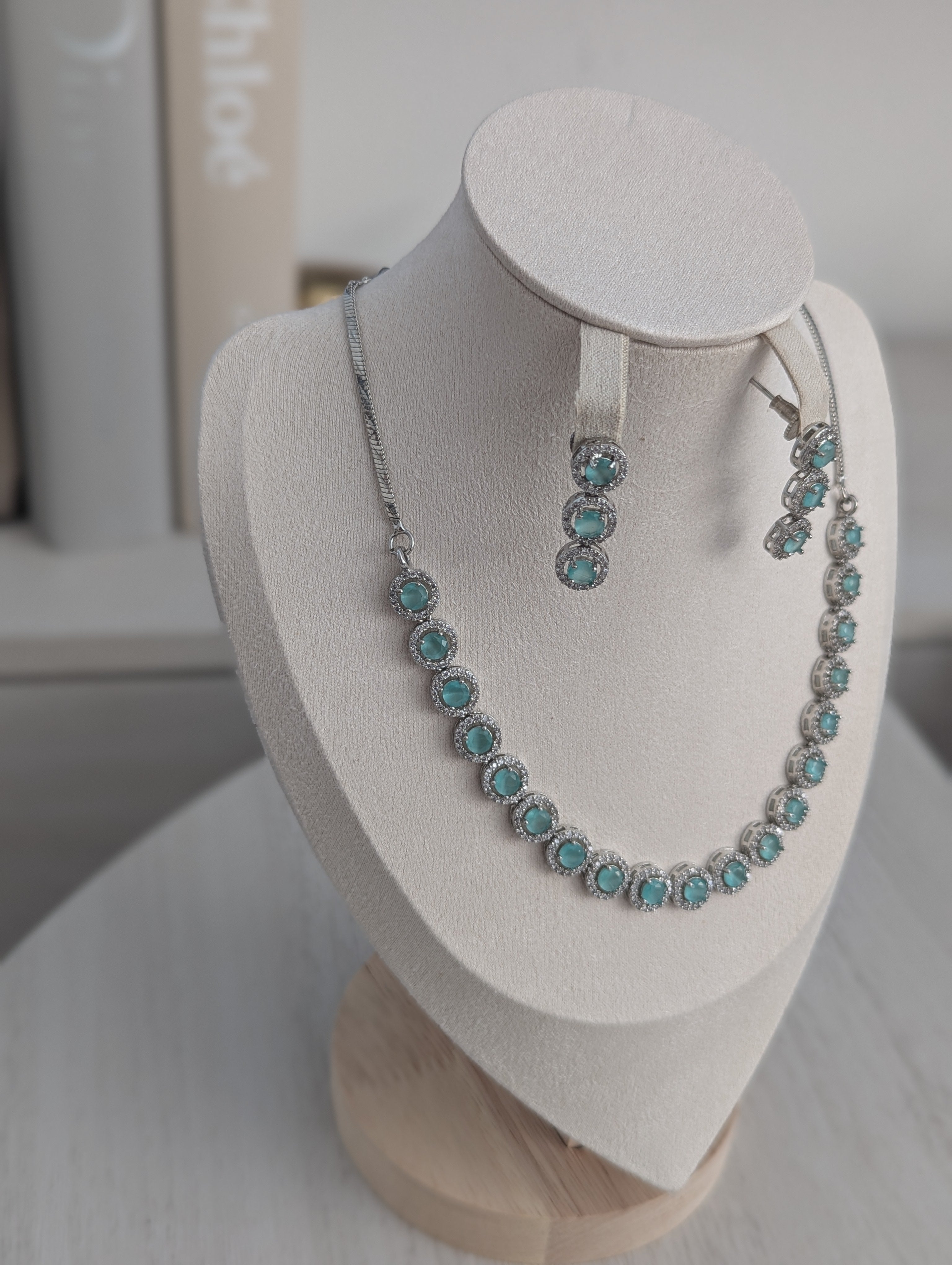 Isabella Mint Green CZ Necklace Earrings Set – Exceptional Quality Opulent Design, Clear Stones