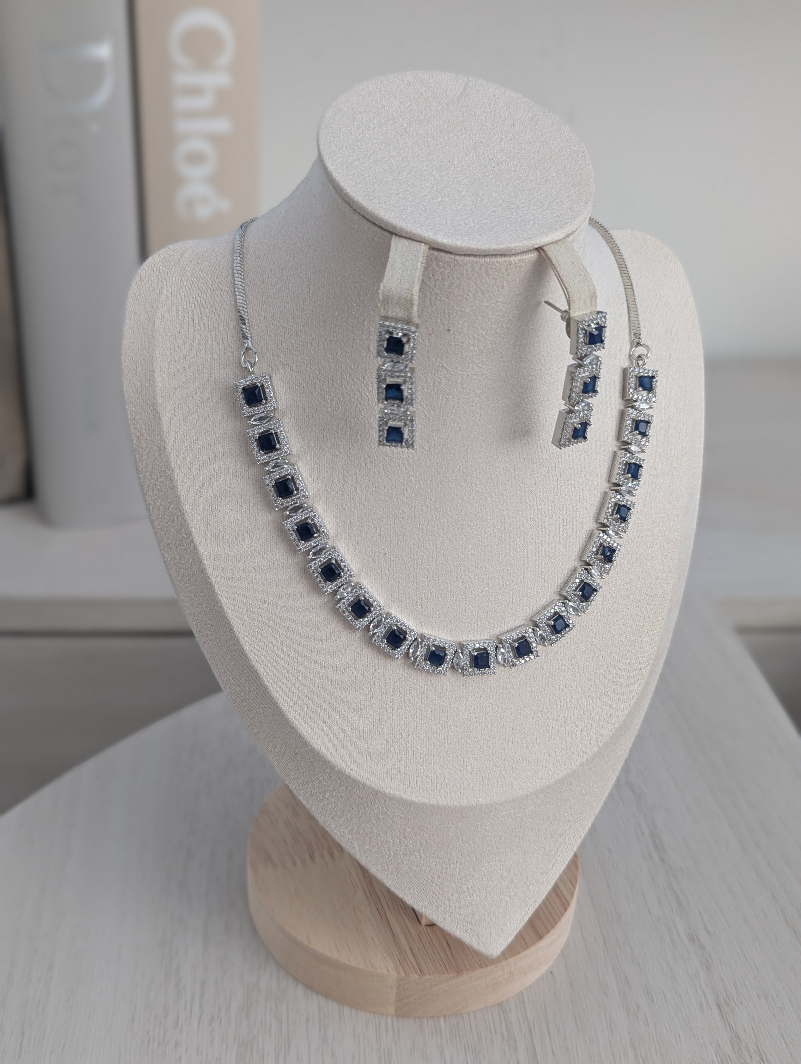 Isabella Sapphire Necklace Earring Set – Exceptional Quality CZ Stones, White Gold Plating, Opulent Design