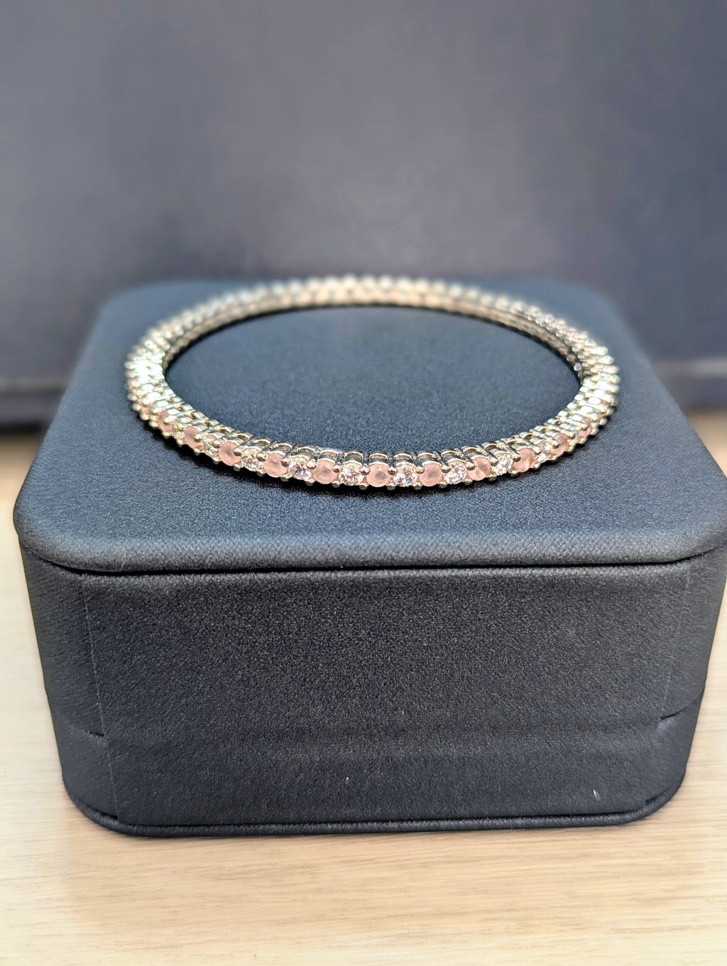 Alexandria Delicate- Pink Topaz Bangle Exceptional Quality CZ Clear Stones. White Gold plating. Opulent Design