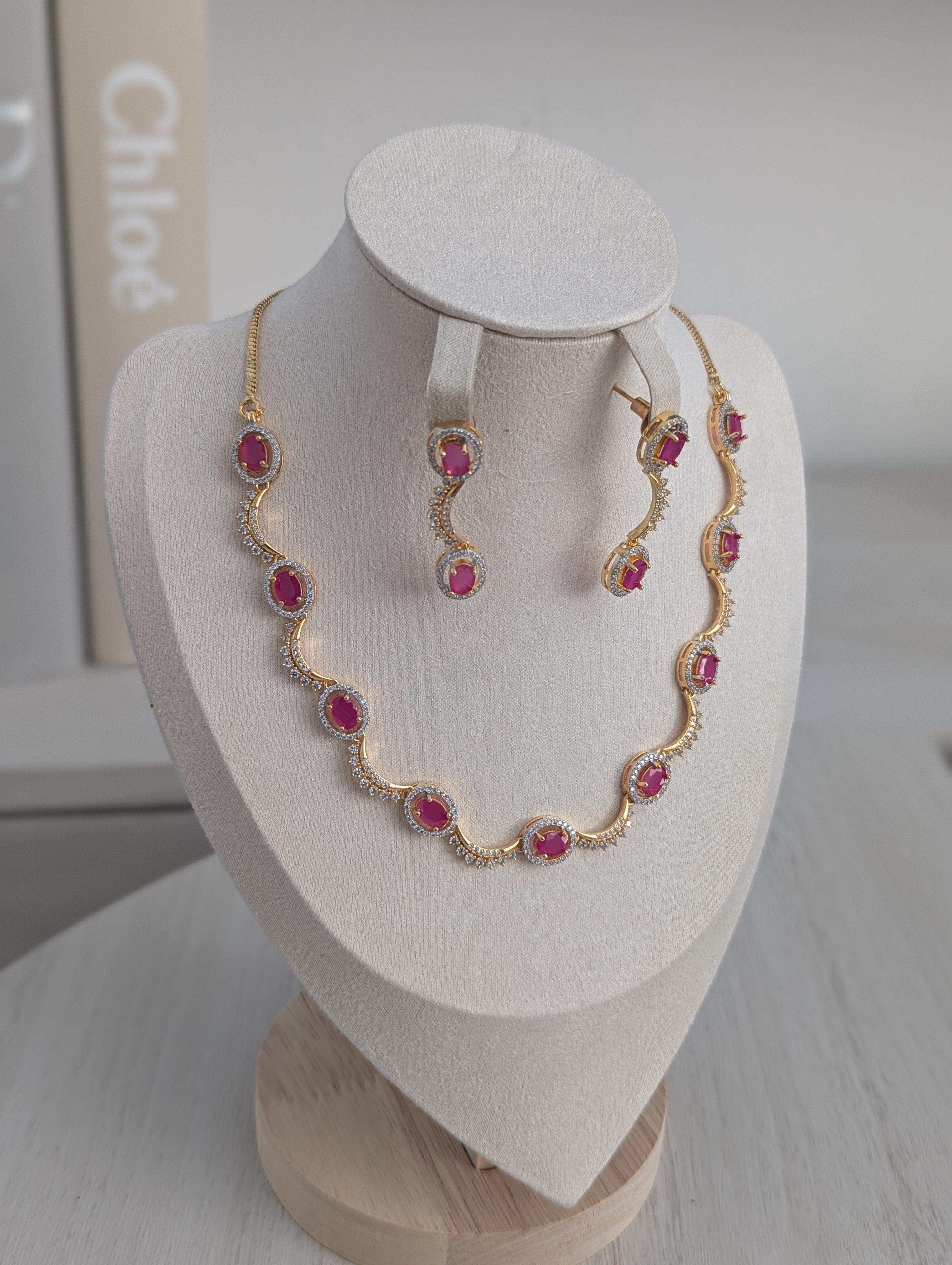 Juliette Necklace Earring Set – Exceptional Quality 22ct Gold Plated Flower Design with Pink and Clear Stones