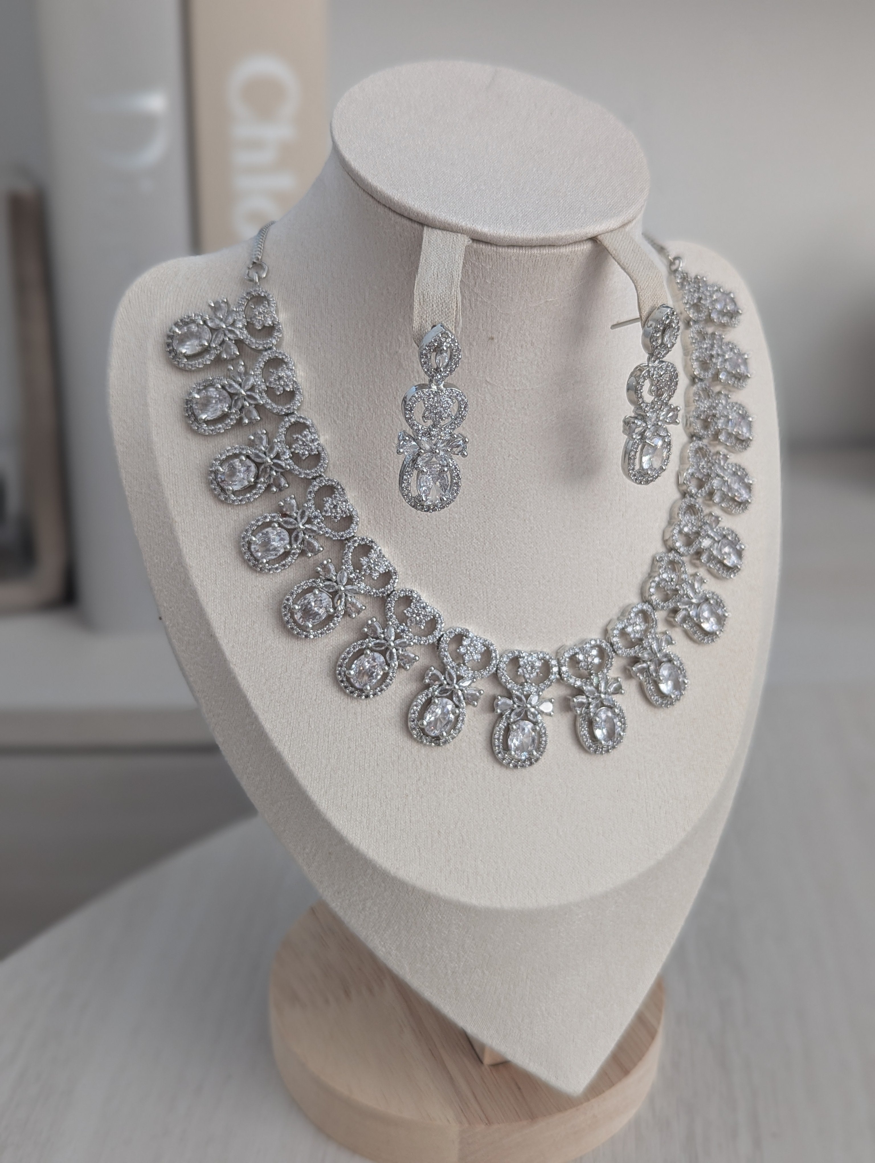 Dulcinea Necklace and Earring Set – Exceptional Quality CZ Clear Stones, White Gold Plating, Bow Design