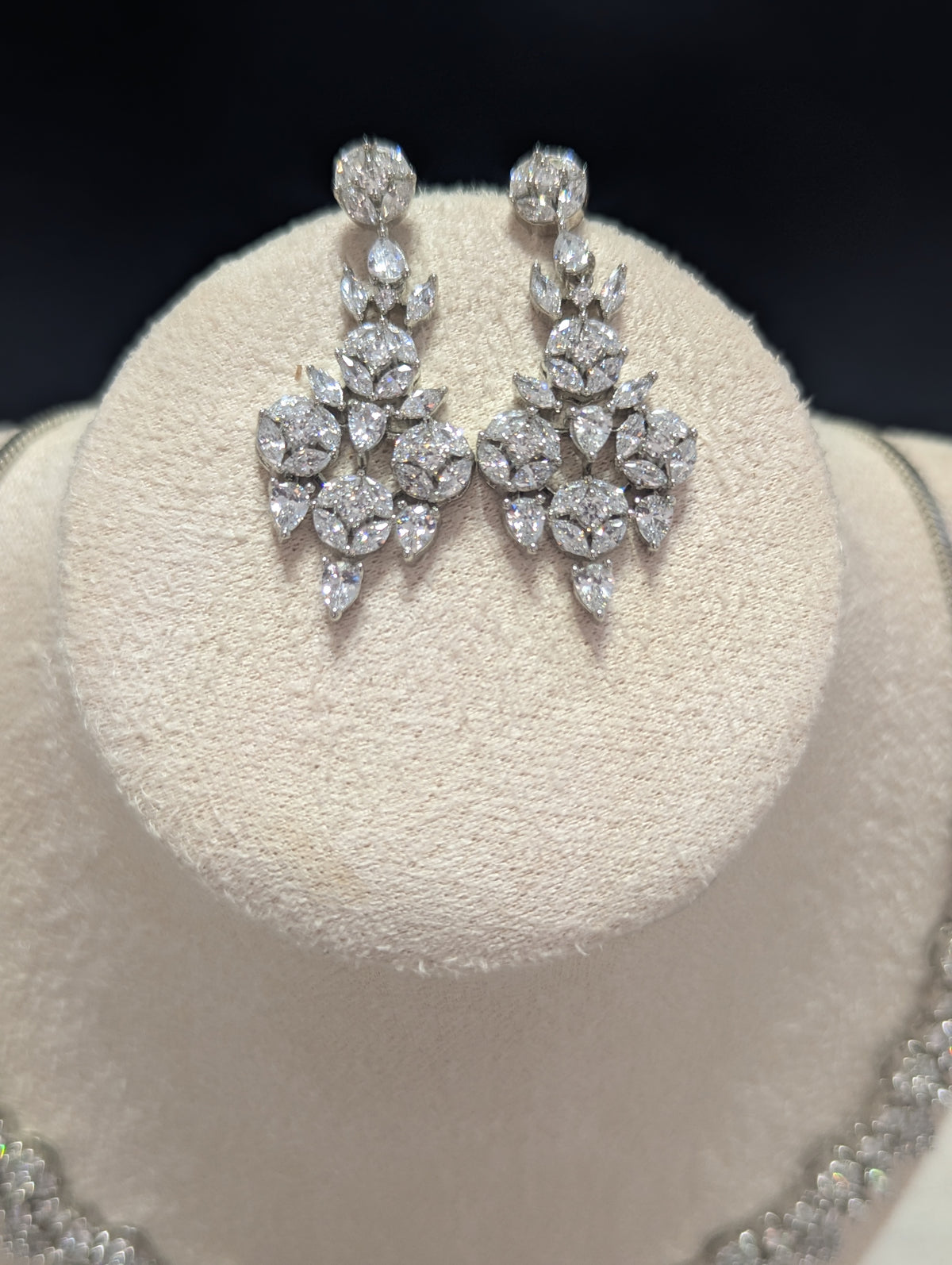 Elara Flower Design Necklace Earrings Set – Exceptional Quality  White Gold Plating, Clear CZ Stones