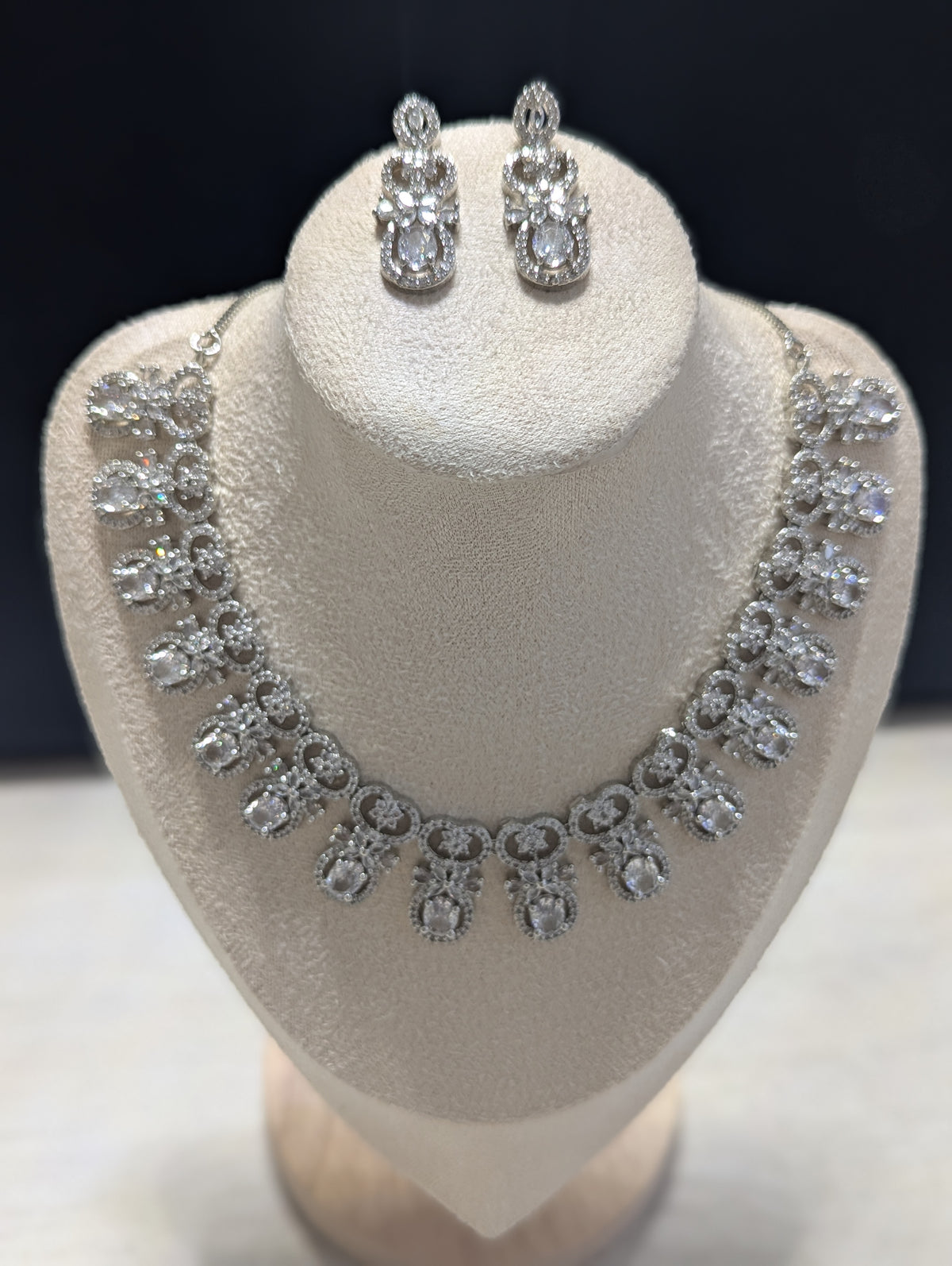 Dulcinea Necklace and Earring Set – Exceptional Quality CZ Clear Stones, White Gold Plating, Bow Design