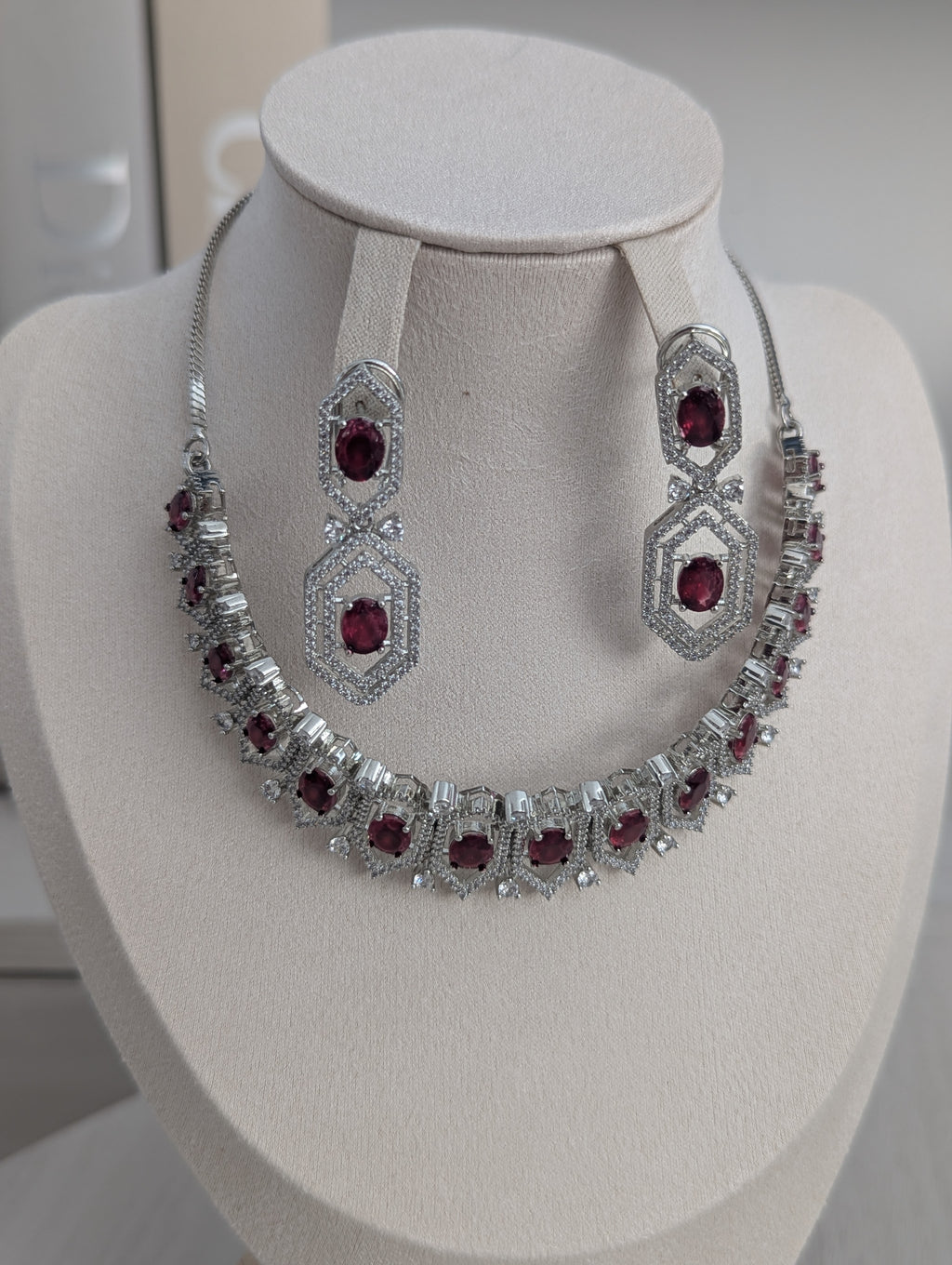 Annalise Exceptional Quality CZ Ruby and Clear Stone Necklace Earring Set – White Gold Plating Opulent Design