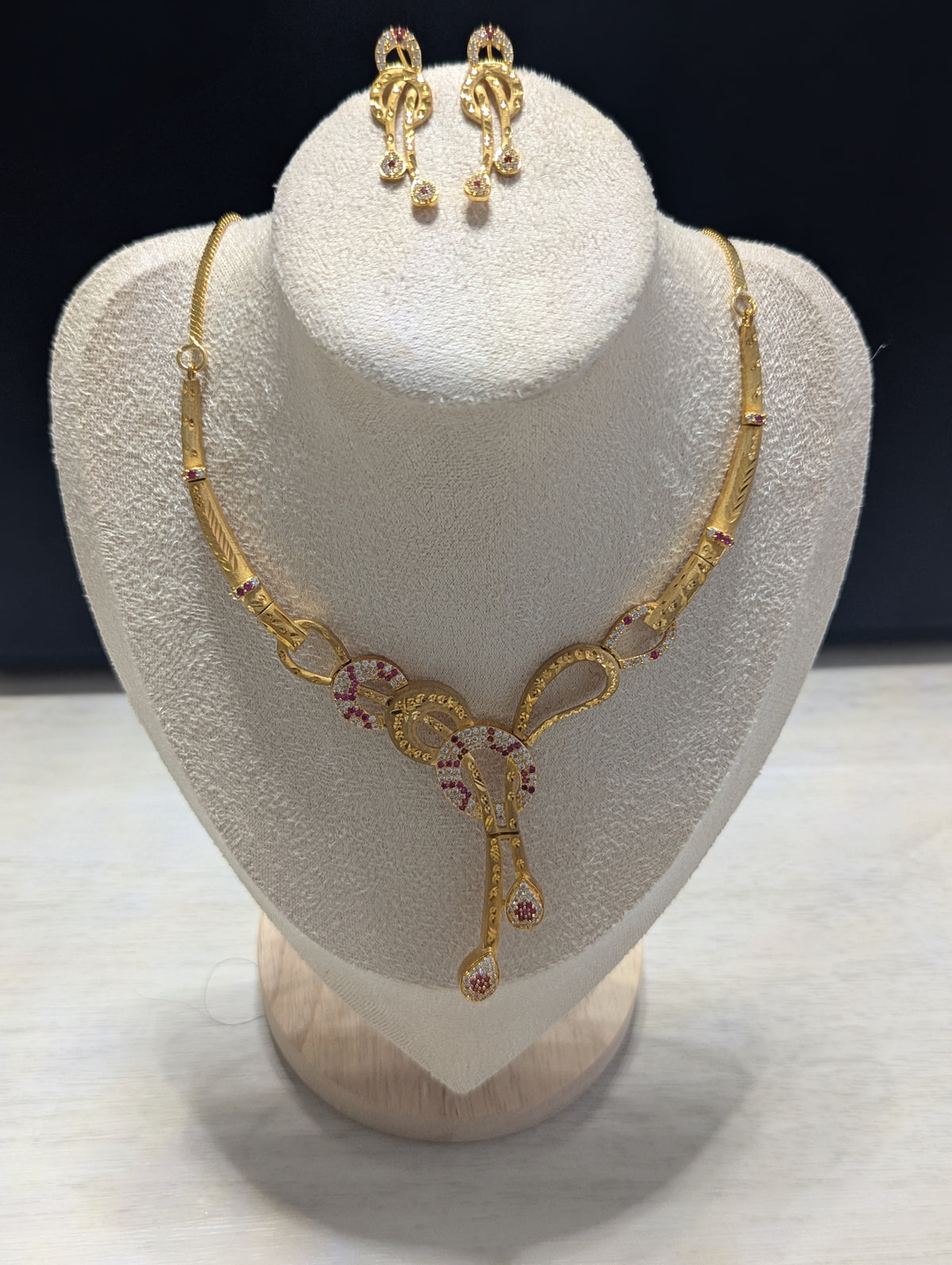 Aurora 22ct Gold Plated Necklace Earrings Set – Exceptional Quality Pink and Clear CZ Stones Opulent Design