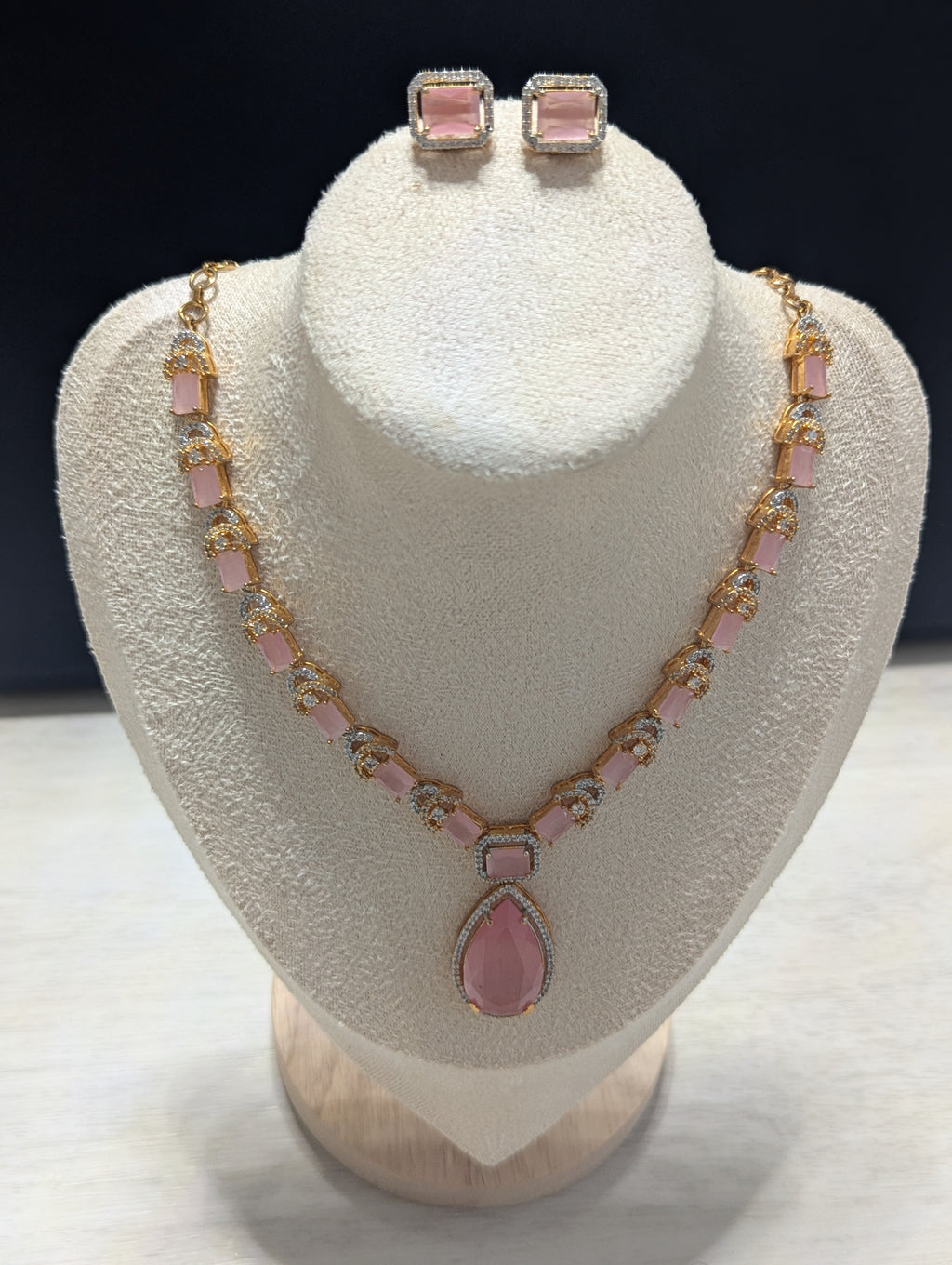 Clarissa 22ct Gold Plated Exceptional Quality Pink CZ Flower Necklace Earrings Set – Opulent Design