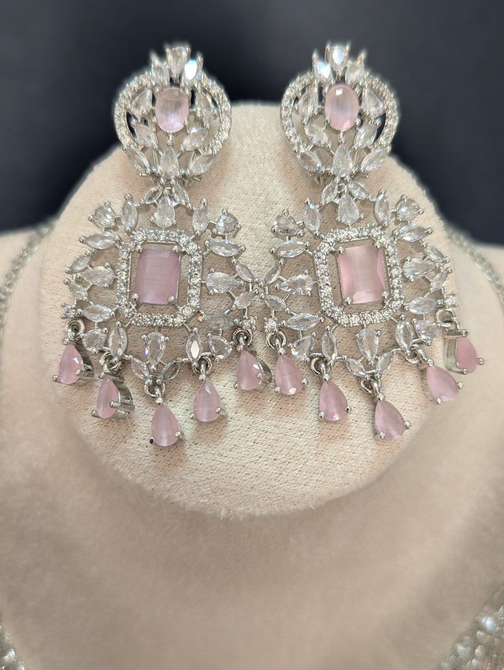 Alexandria - Pink Topaz Necklace & Earring Choker Set Exceptional Quality CZ Clear Stones. White Gold plating. Opulent Design