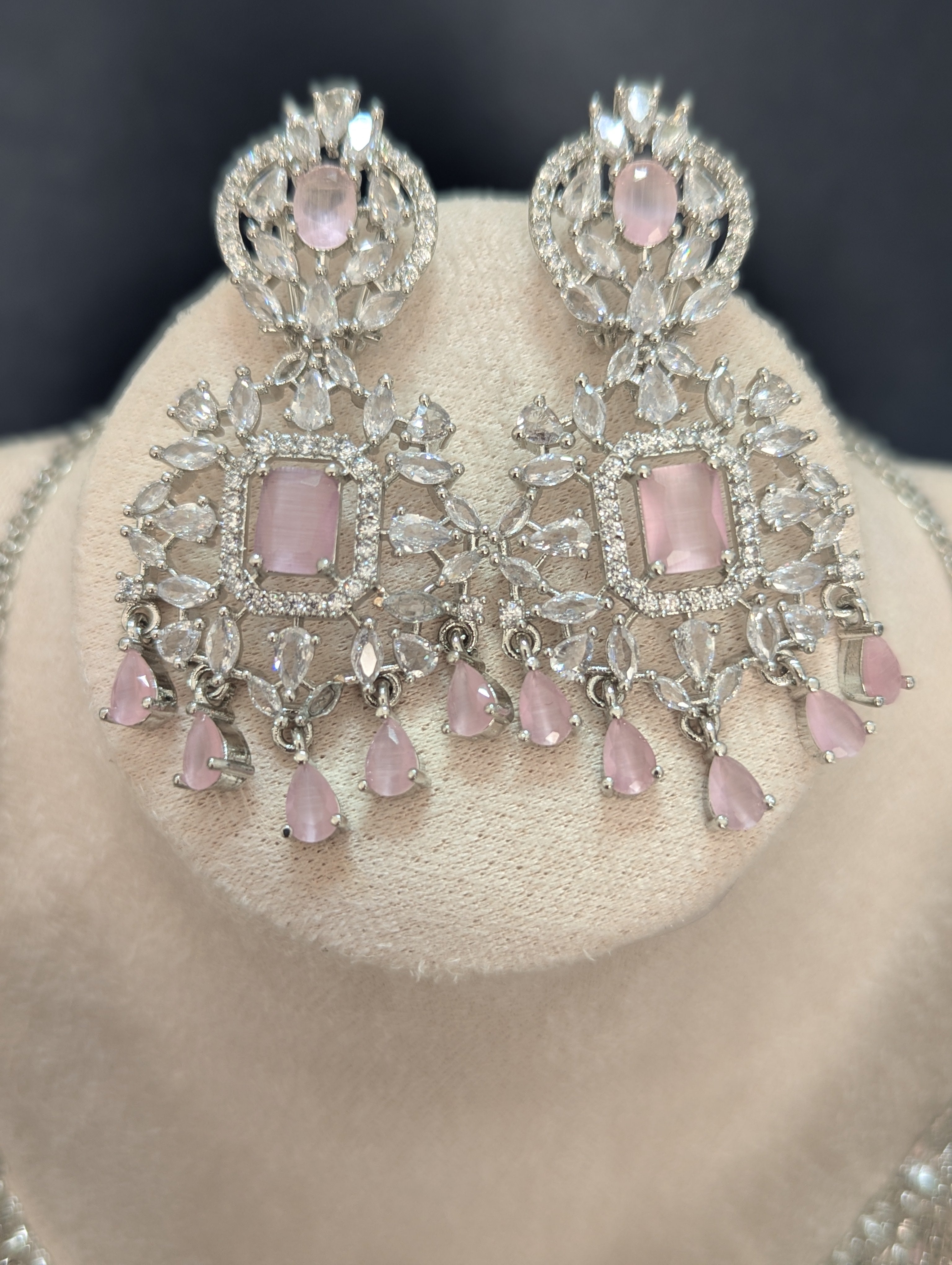 Alexandria - Pink Topaz Necklace & Earring Choker Set Exceptional Quality CZ Clear Stones. White Gold plating. Opulent Design