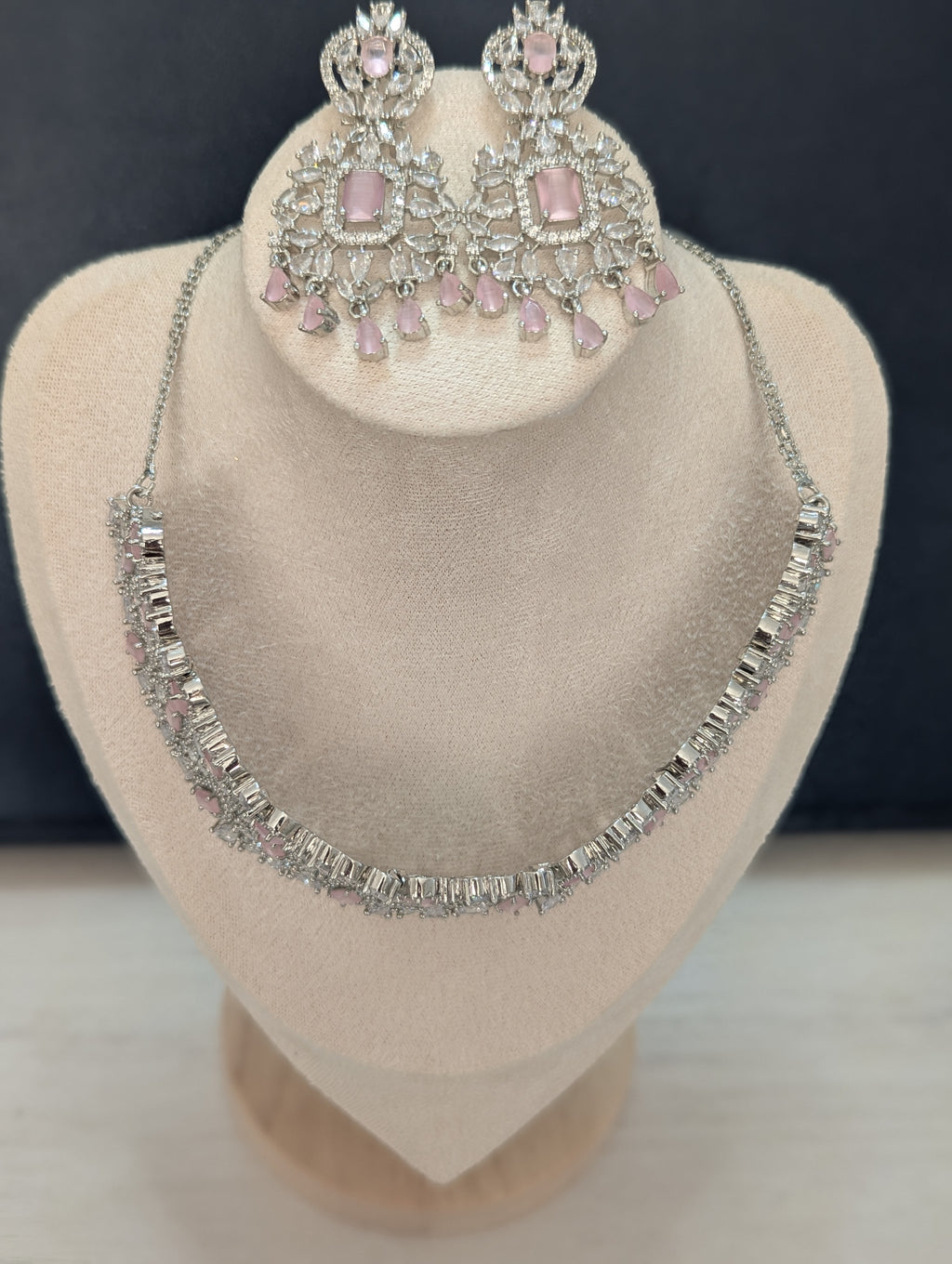Alexandria - Pink Topaz Necklace & Earring Choker Set Exceptional Quality CZ Clear Stones. White Gold plating. Opulent Design