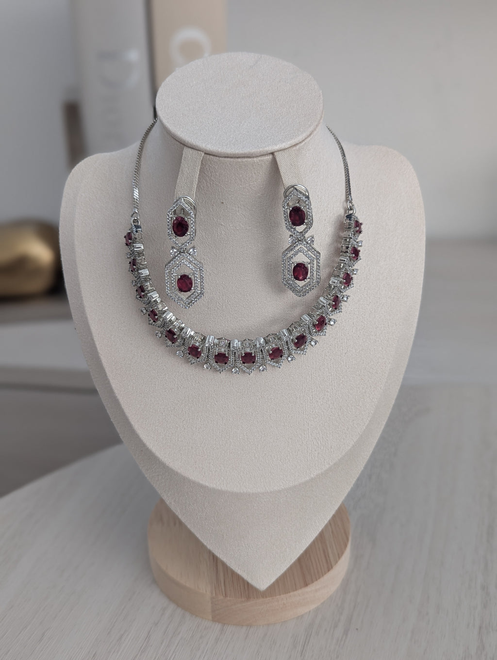 Annalise Exceptional Quality CZ Ruby and Clear Stone Necklace Earring Set – White Gold Plating Opulent Design