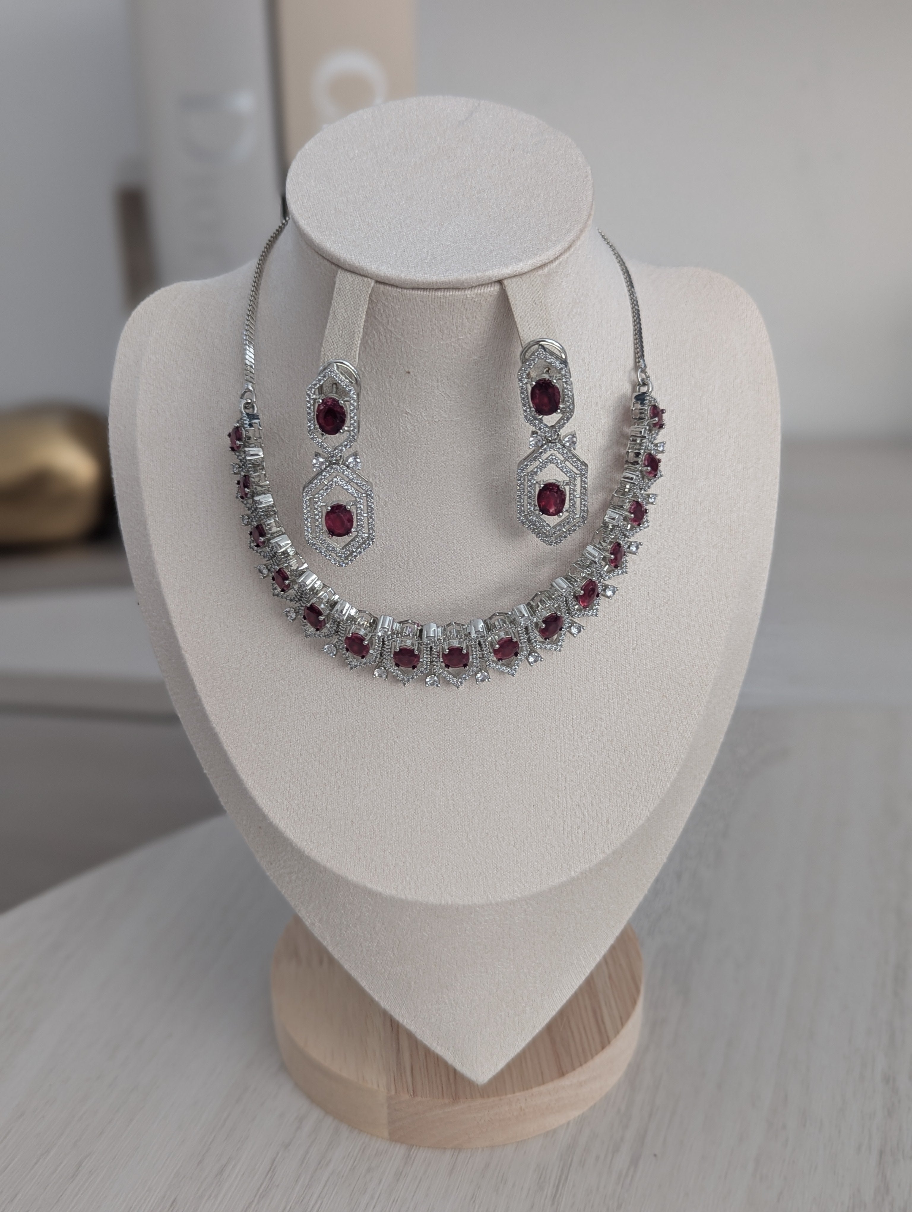 Annalise Exceptional Quality CZ Ruby and Clear Stone Necklace Earring Set – White Gold Plating Opulent Design