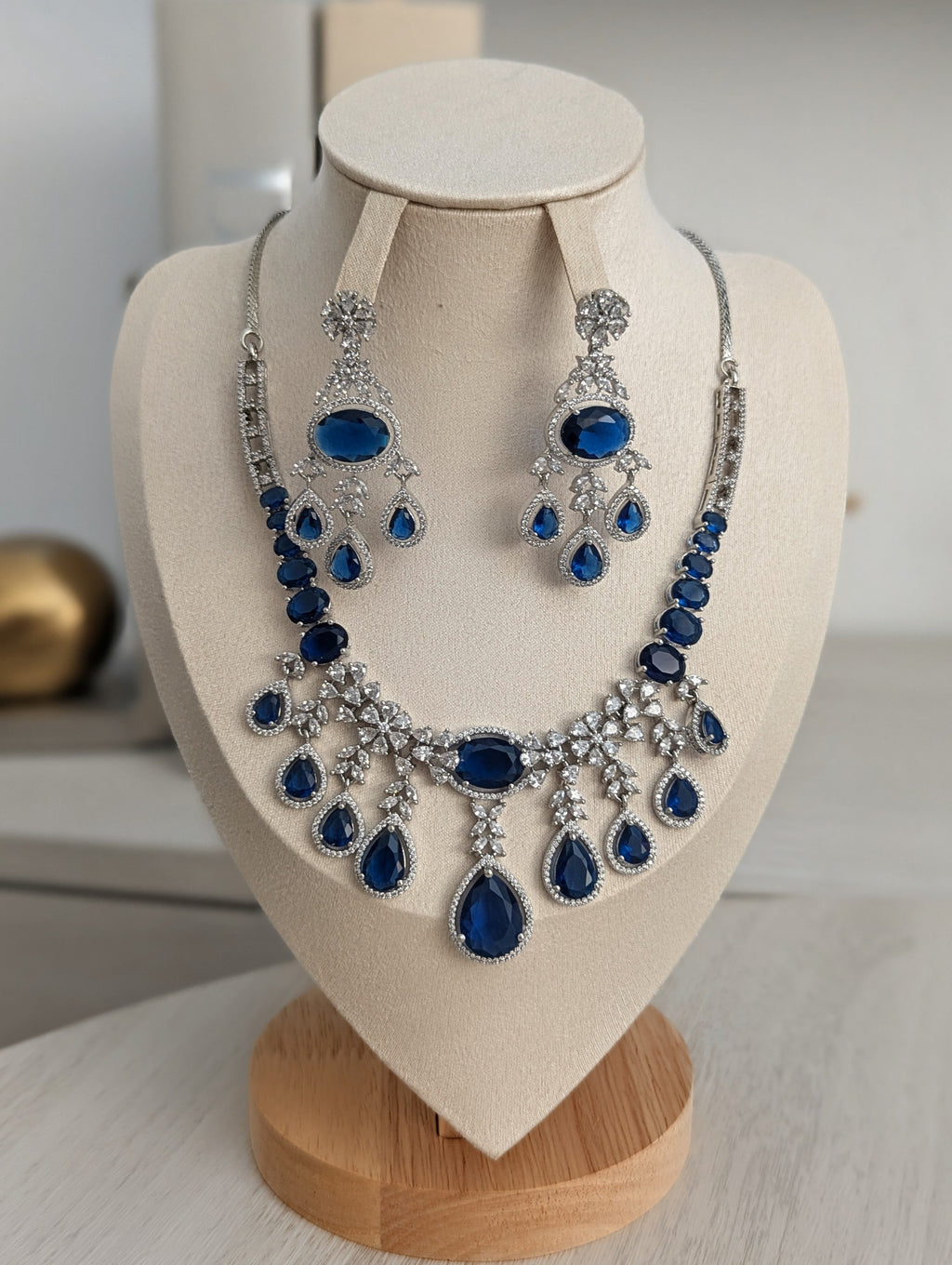 Arabella Necklace Earring Set – Exceptional Quality Blue CZ Sapphires, Clear Stones, White Gold Plating