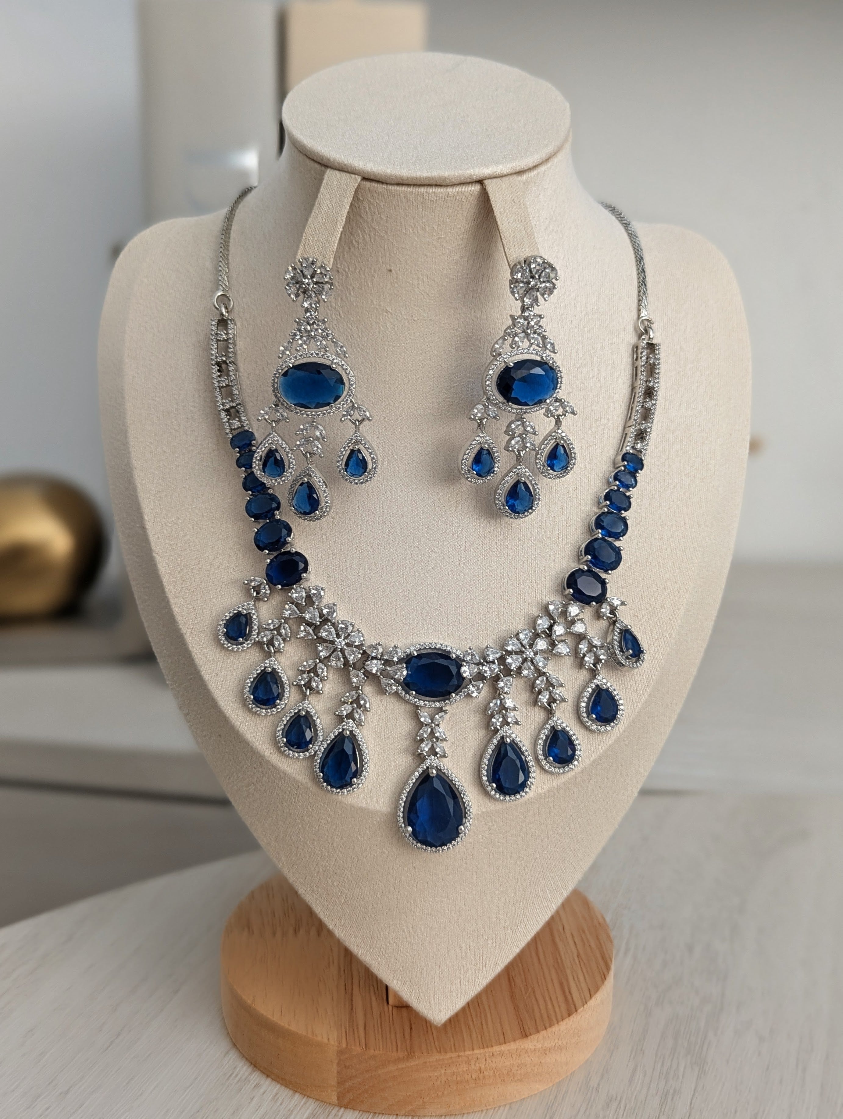 Arabella Necklace Earring Set – Exceptional Quality Blue CZ Sapphires, Clear Stones, White Gold Plating
