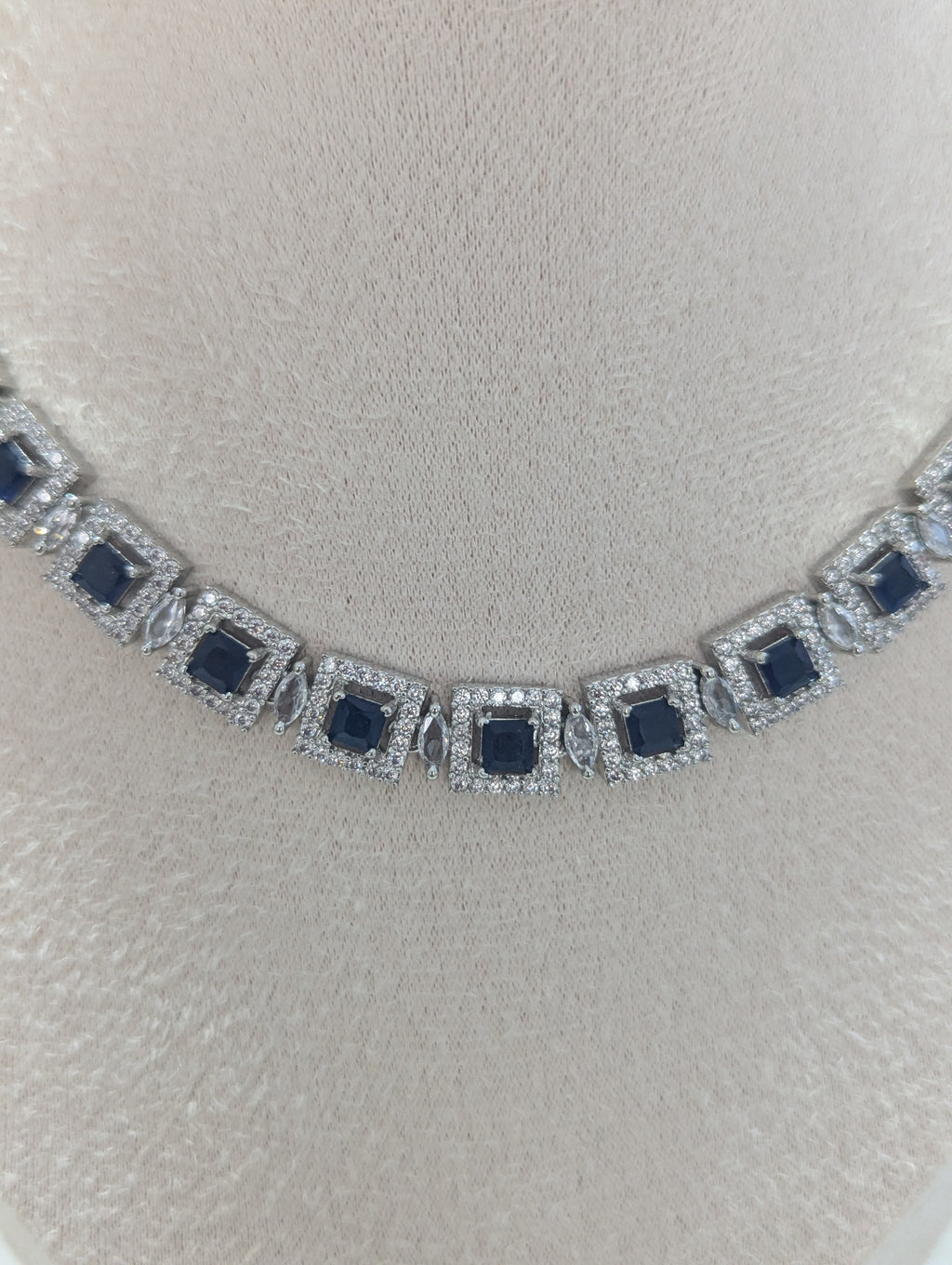 Isabella Sapphire Necklace Earring Set – Exceptional Quality CZ Stones, White Gold Plating, Opulent Design
