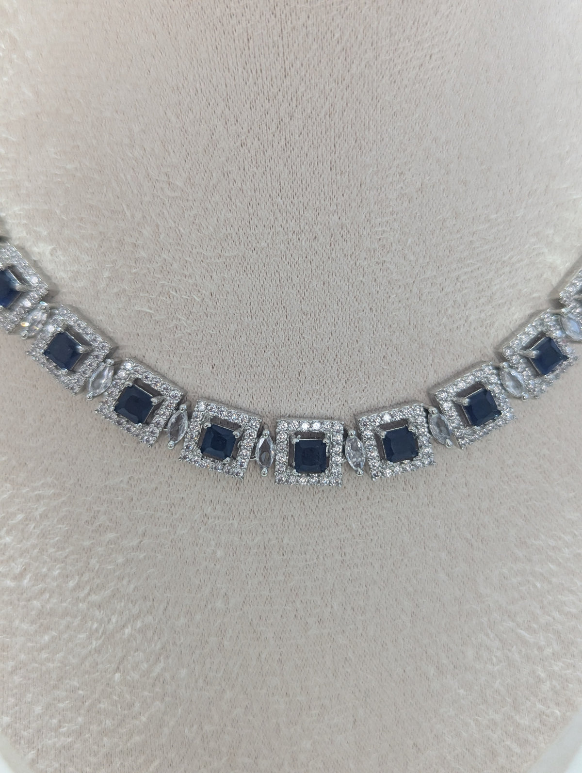 Isabella Sapphire Necklace Earring Set – Exceptional Quality CZ Stones, White Gold Plating, Opulent Design