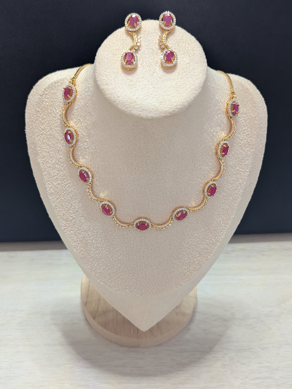 Eloise Pink Topaz CZ Flower Necklace Earrings Set – Exceptional Quality 22ct Gold Plated Jewelry