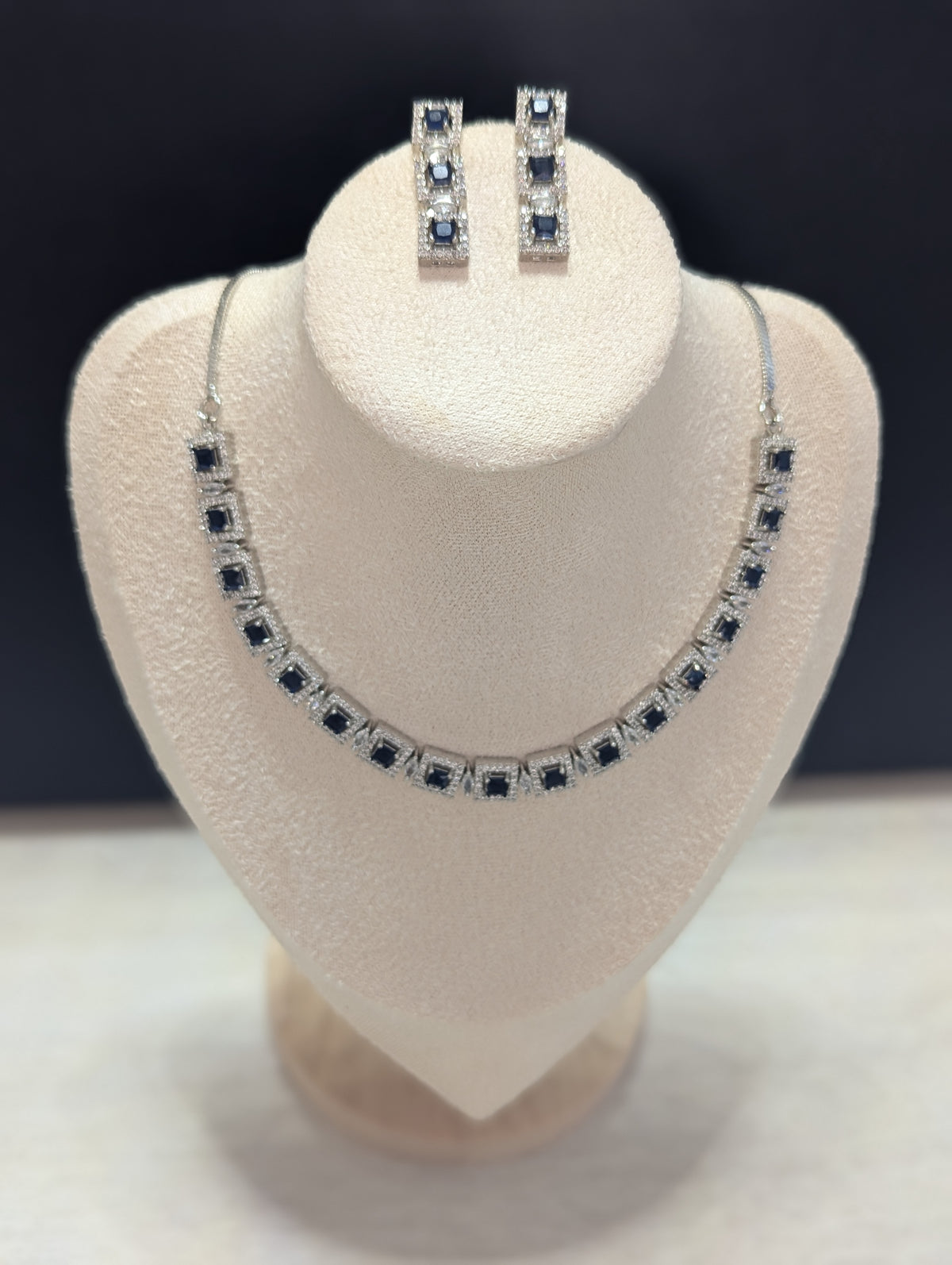 Isabella Sapphire Necklace Earring Set – Exceptional Quality CZ Stones, White Gold Plating, Opulent Design