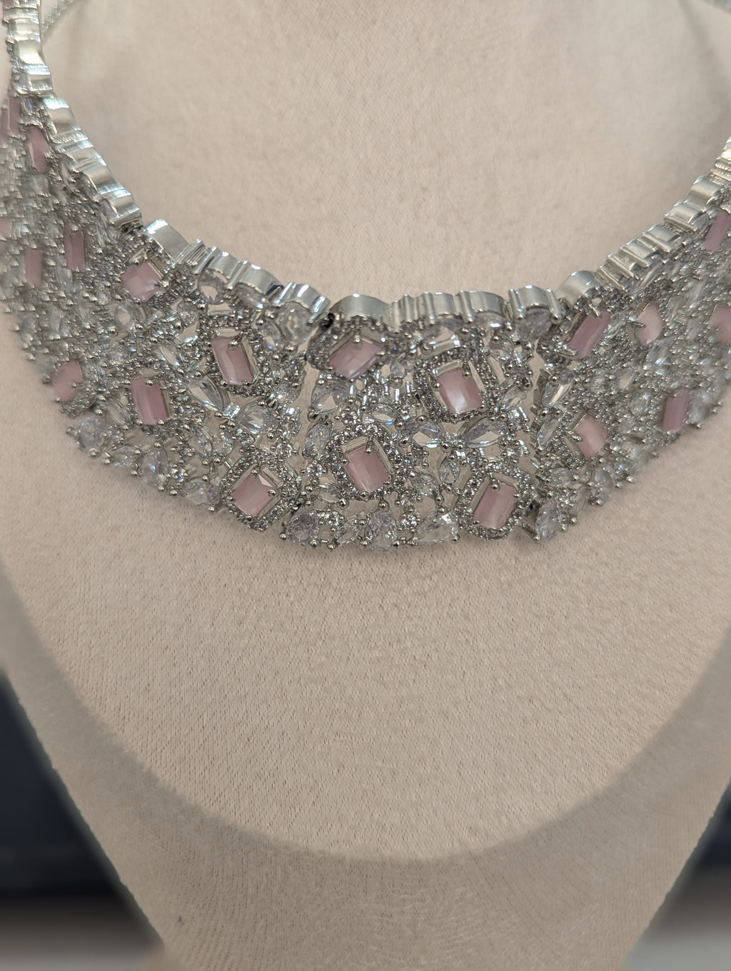 Alexandria - Pink Topaz Necklace & Earring Choker Set Exceptional Quality CZ Clear Stones. White Gold plating. Opulent Design