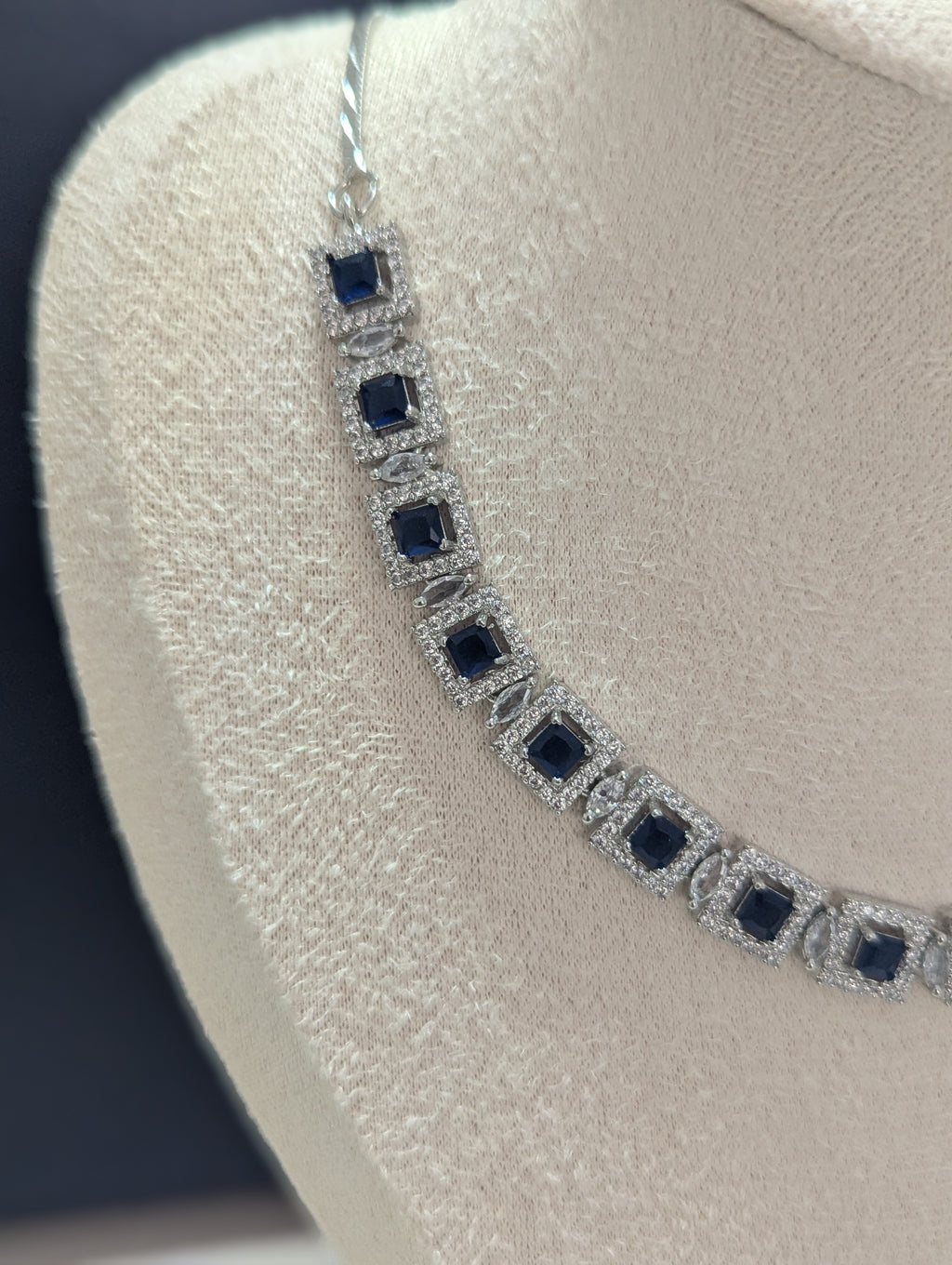 Isabella Sapphire Necklace Earring Set – Exceptional Quality CZ Stones, White Gold Plating, Opulent Design