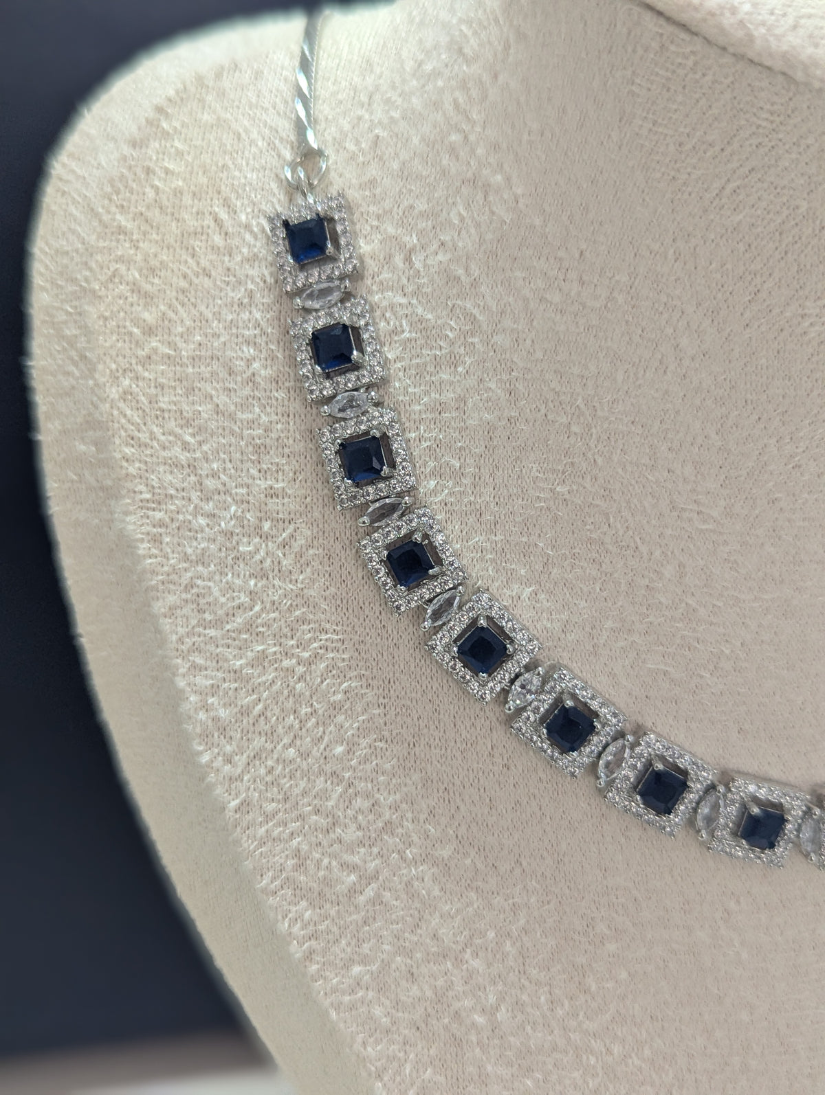 Isabella Sapphire Necklace Earring Set – Exceptional Quality CZ Stones, White Gold Plating, Opulent Design