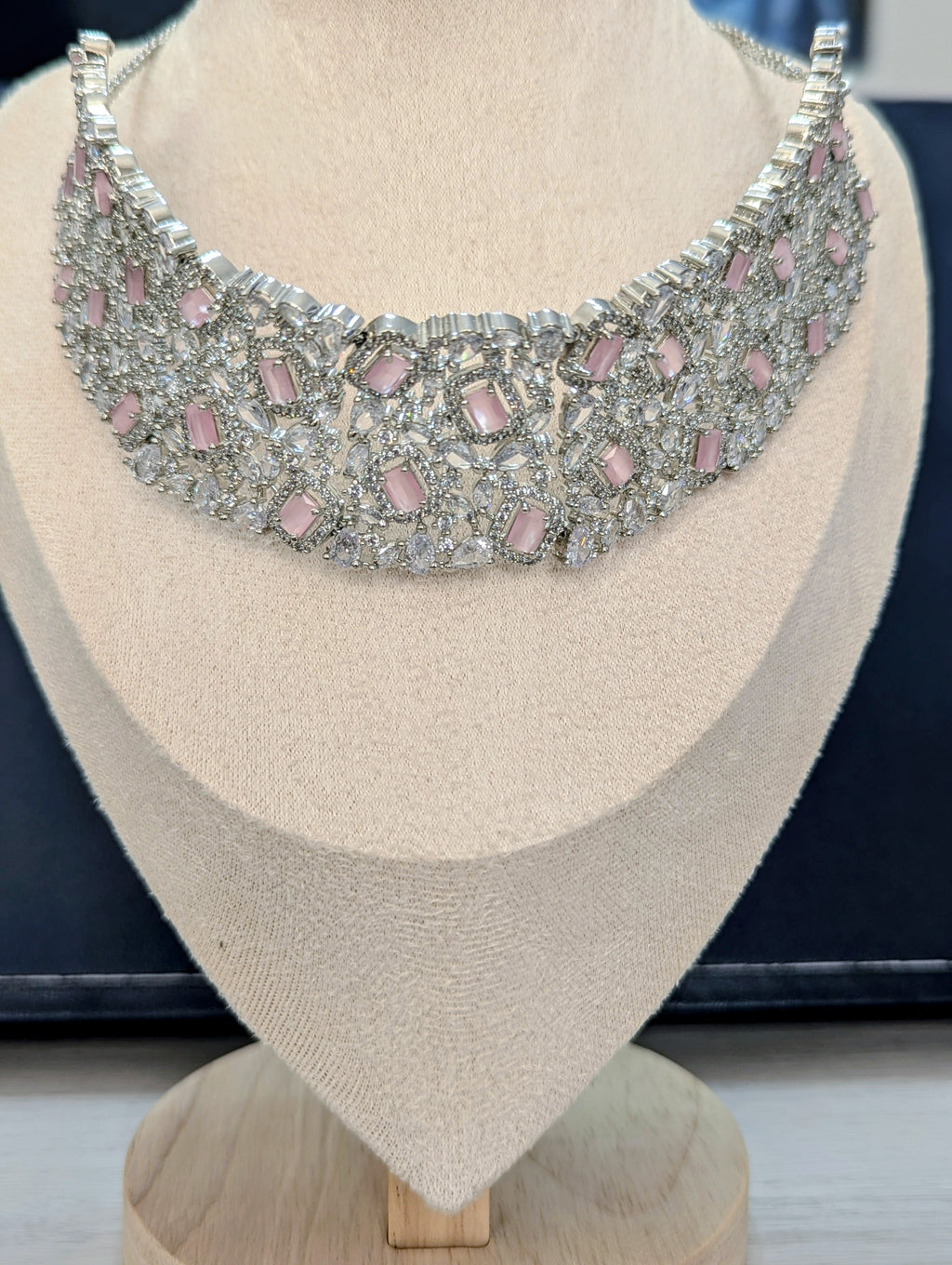 Alexandria - Pink Topaz Necklace & Earring Choker Set Exceptional Quality CZ Clear Stones. White Gold plating. Opulent Design