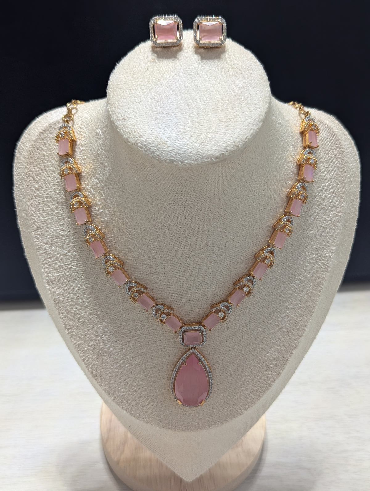 Clarissa 22ct Gold Plated Exceptional Quality Pink CZ Flower Necklace Earrings Set – Opulent Design