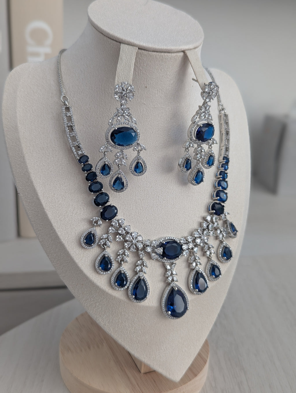 Arabella Necklace Earring Set – Exceptional Quality Blue CZ Sapphires, Clear Stones, White Gold Plating