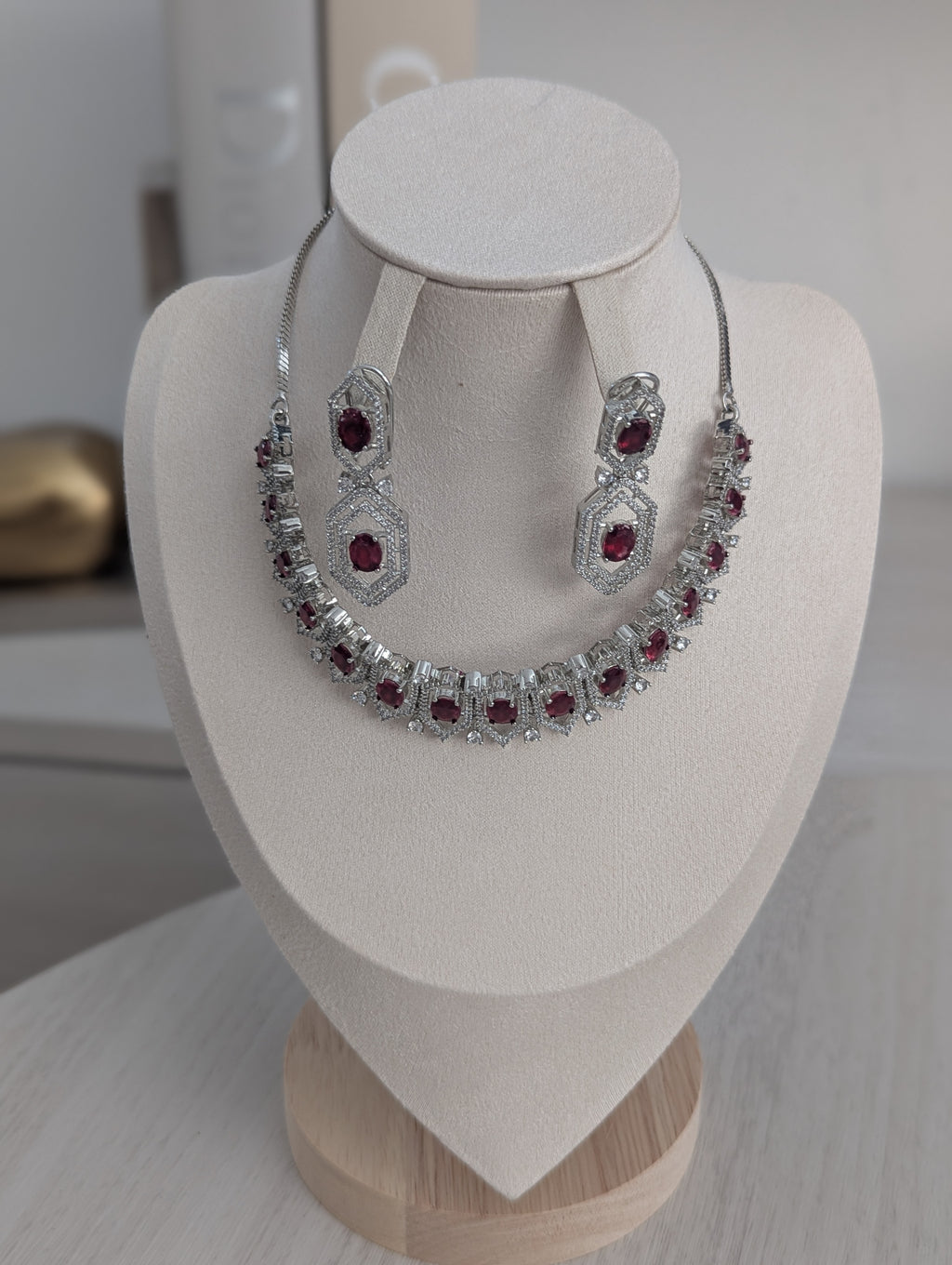 Annalise Exceptional Quality CZ Ruby and Clear Stone Necklace Earring Set – White Gold Plating Opulent Design