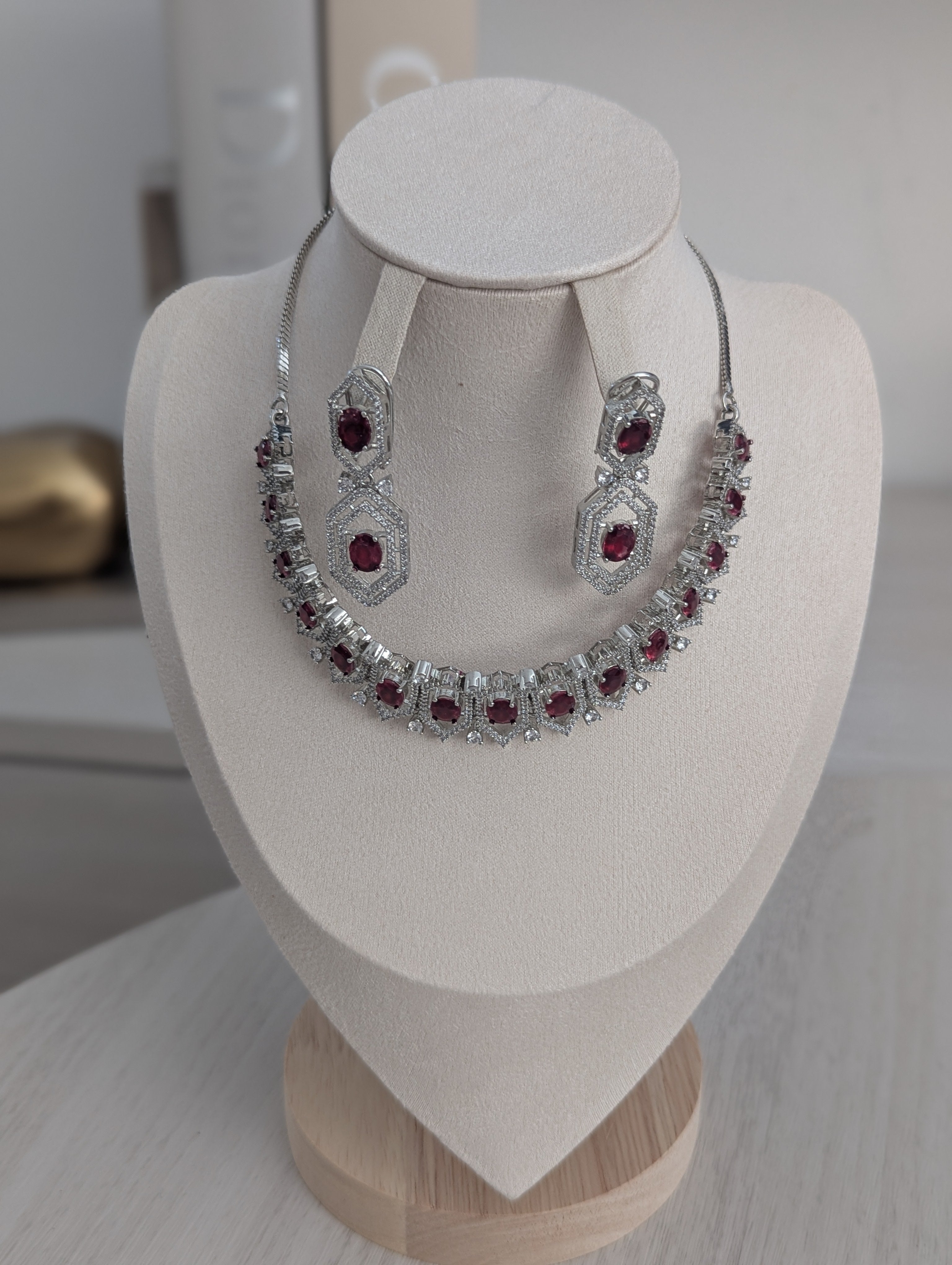Annalise Exceptional Quality CZ Ruby and Clear Stone Necklace Earring Set – White Gold Plating Opulent Design