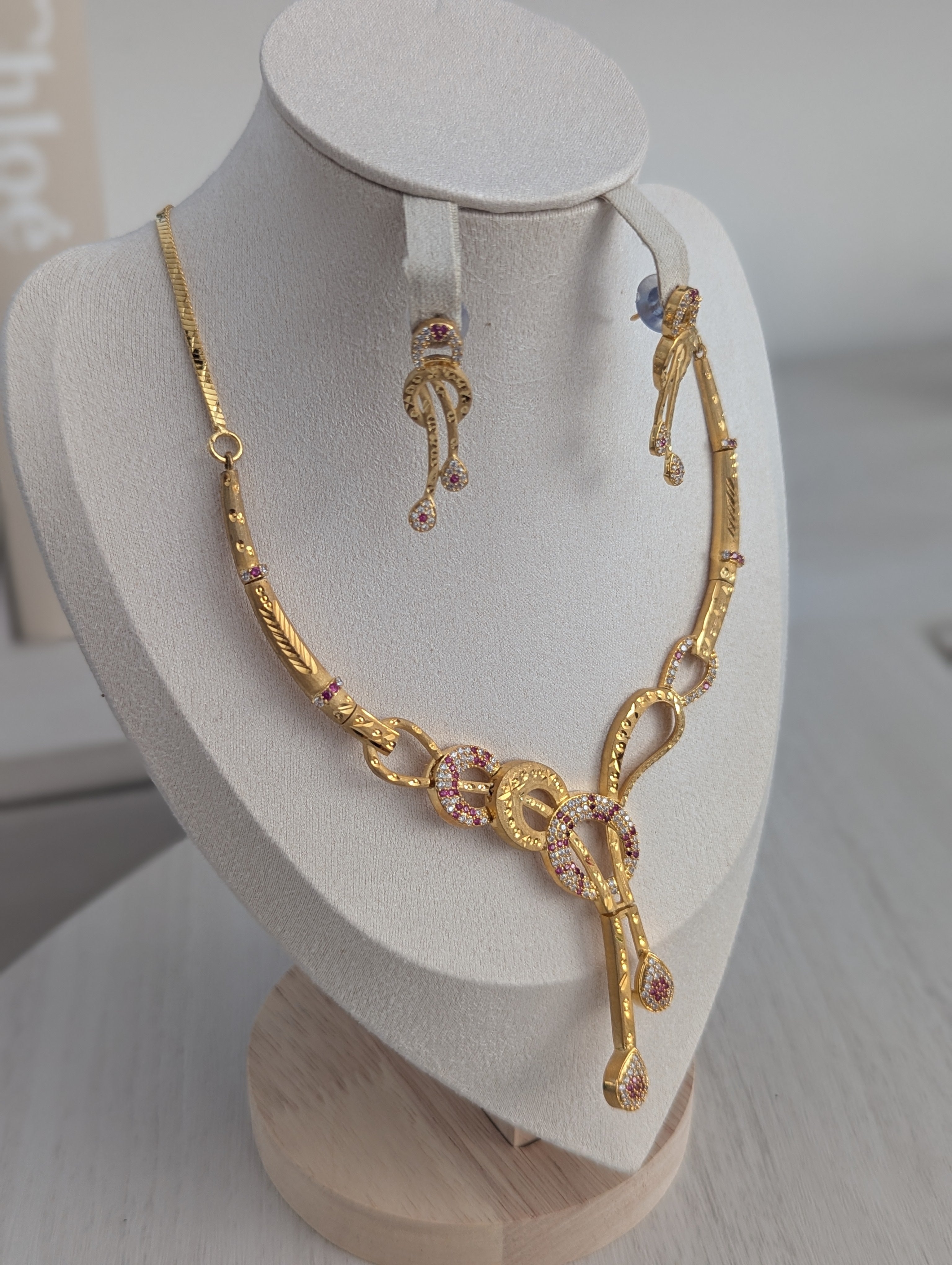Aurora 22ct Gold Plated Necklace Earrings Set – Exceptional Quality Pink and Clear CZ Stones Opulent Design