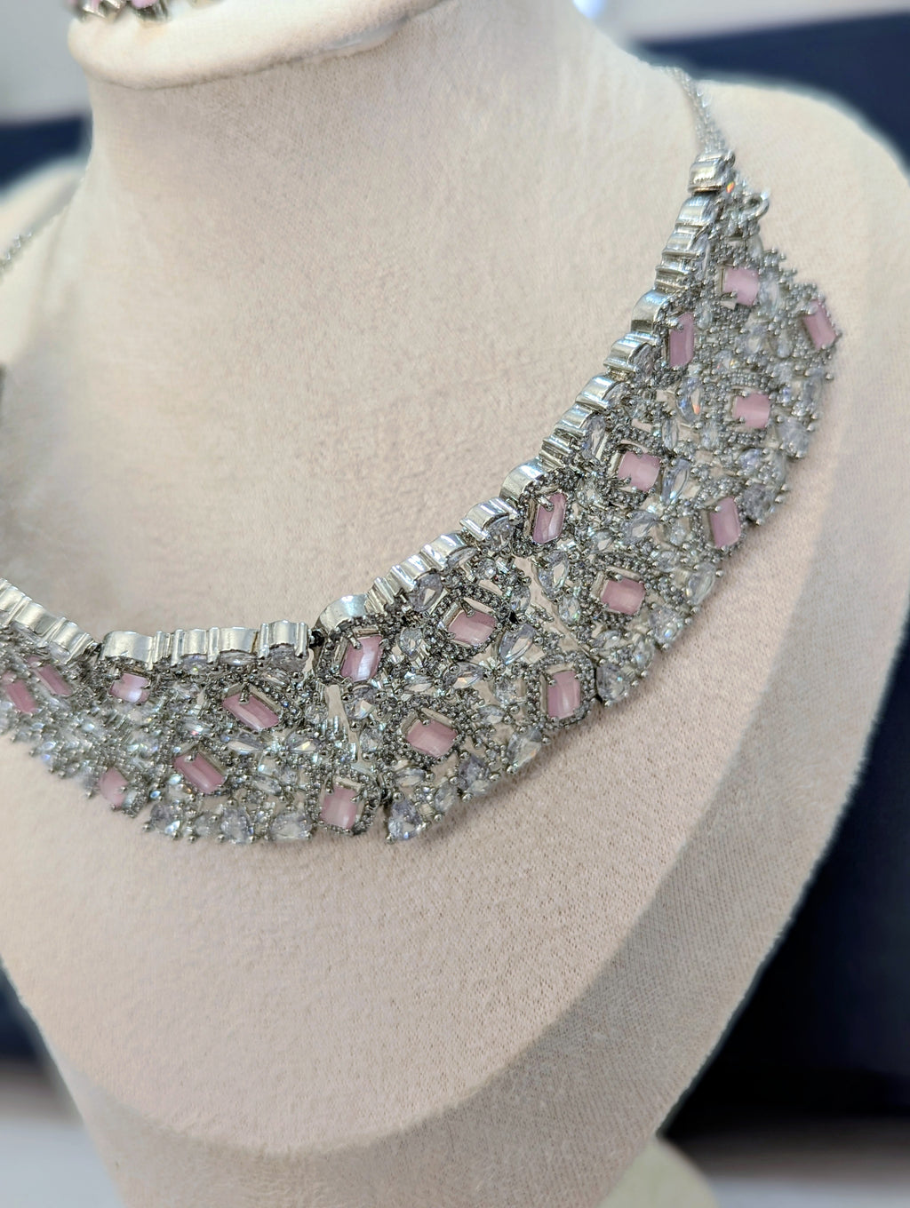 Alexandria - Pink Topaz Necklace & Earring Choker Set Exceptional Quality CZ Clear Stones. White Gold plating. Opulent Design