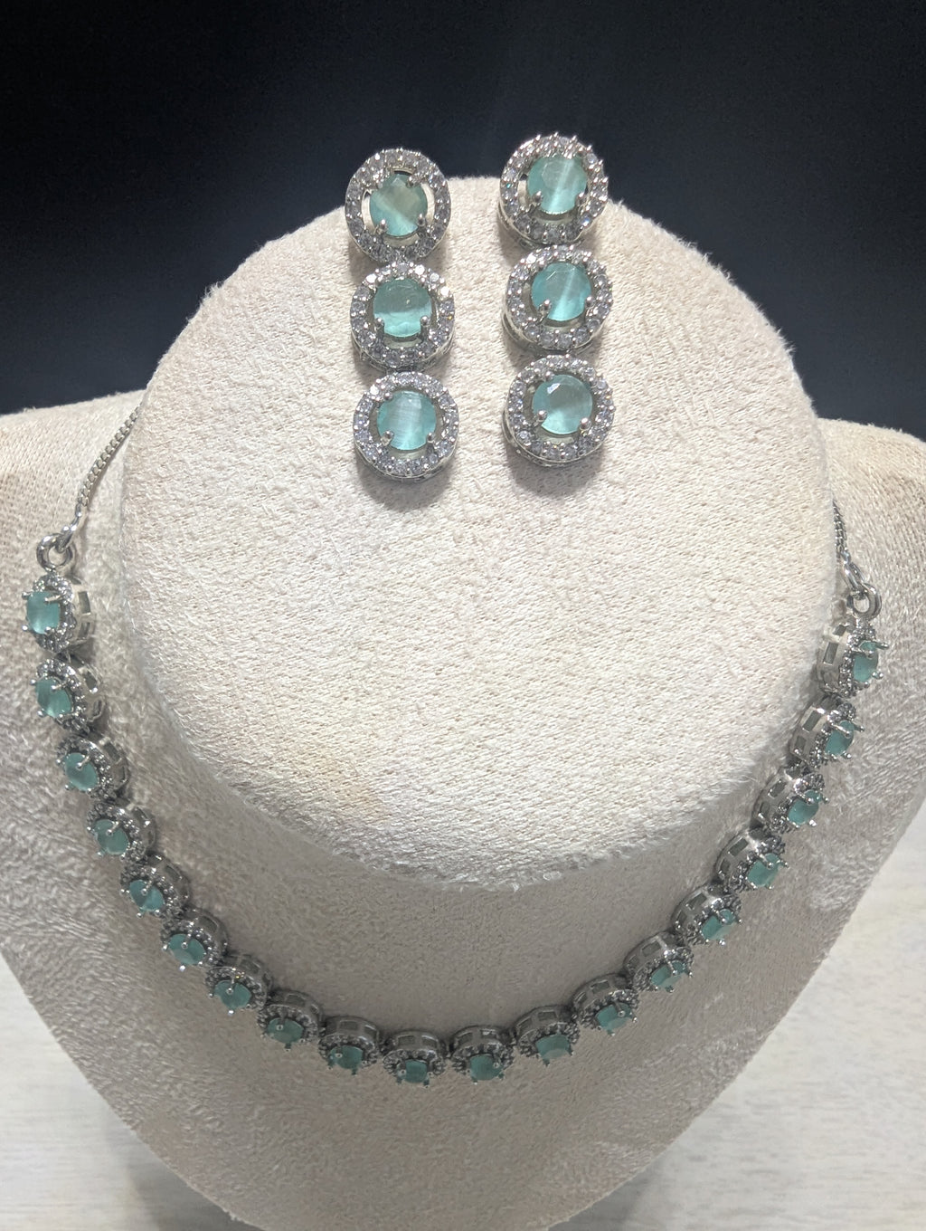 Isabella Mint Green CZ Necklace Earrings Set – Exceptional Quality Opulent Design, Clear Stones