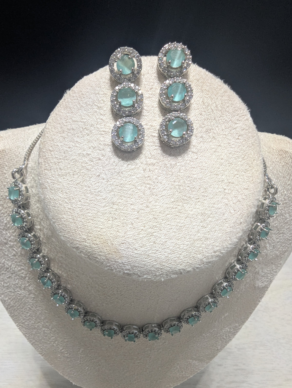Isabella Mint Green CZ Necklace Earrings Set – Exceptional Quality Opulent Design, Clear Stones